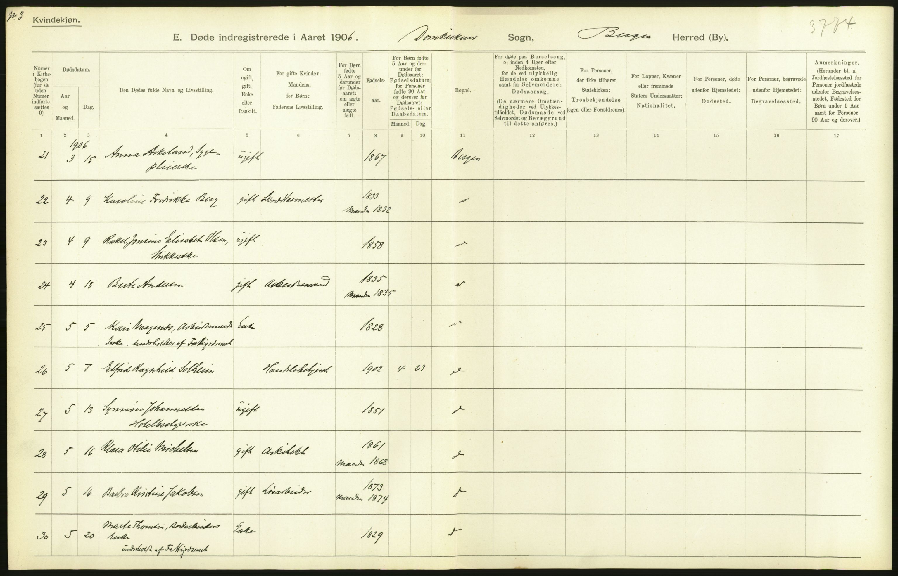 Statistisk sentralbyrå, Sosiodemografiske emner, Befolkning, AV/RA-S-2228/D/Df/Dfa/Dfad/L0032: Bergen: Gifte, døde, dødfødte., 1906, p. 128