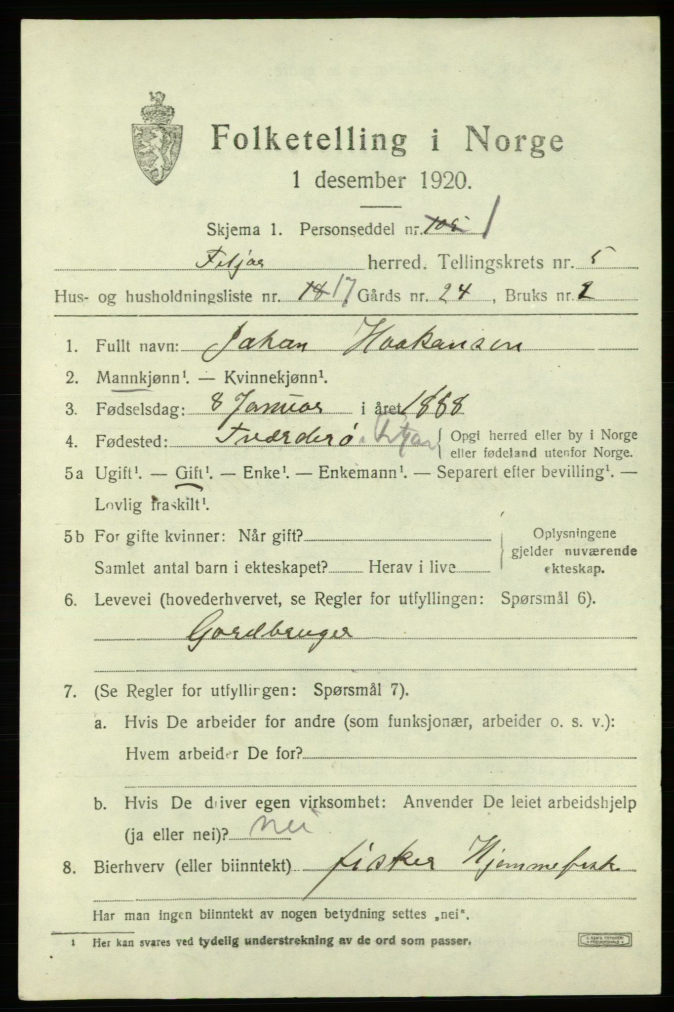 SAB, 1920 census for Fitjar, 1920, p. 2720