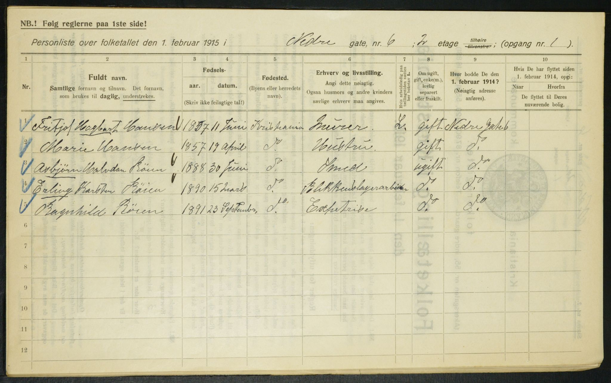 OBA, Municipal Census 1915 for Kristiania, 1915, p. 68607