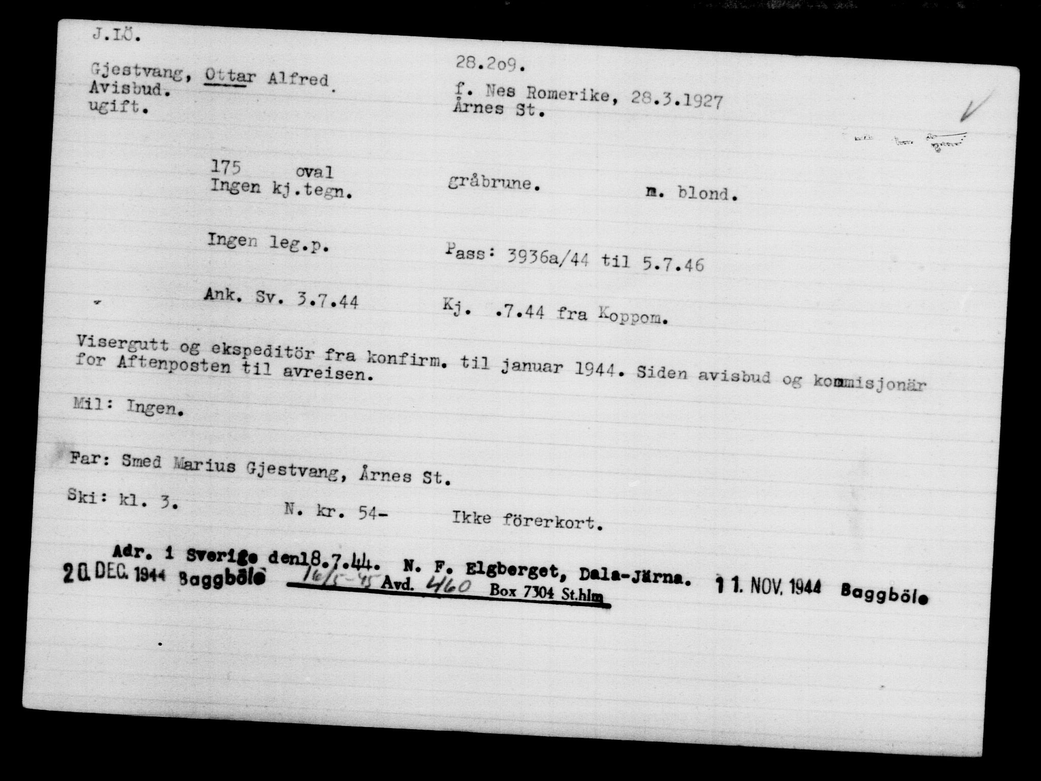 Den Kgl. Norske Legasjons Flyktningskontor, AV/RA-S-6753/V/Va/L0011: Kjesäterkartoteket.  Flyktningenr. 25300-28349, 1940-1945, p. 3094