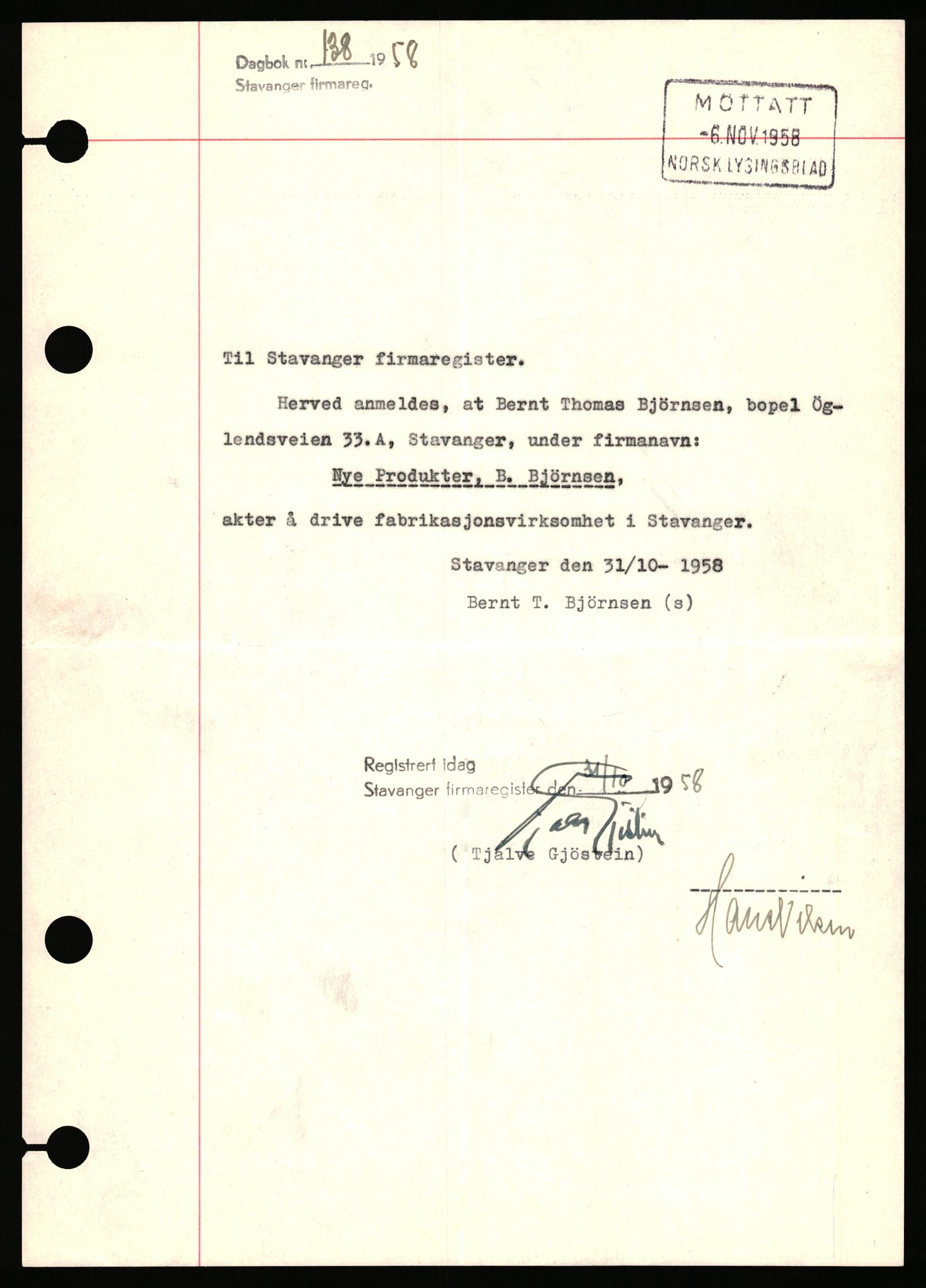 Stavanger byfogd, AV/SAST-A-101408/002/J/Jd/Jde/L0001: Registreringsmeldinger og bilag. Enkeltmannsforetak, 1-350, 1891-1967, p. 403