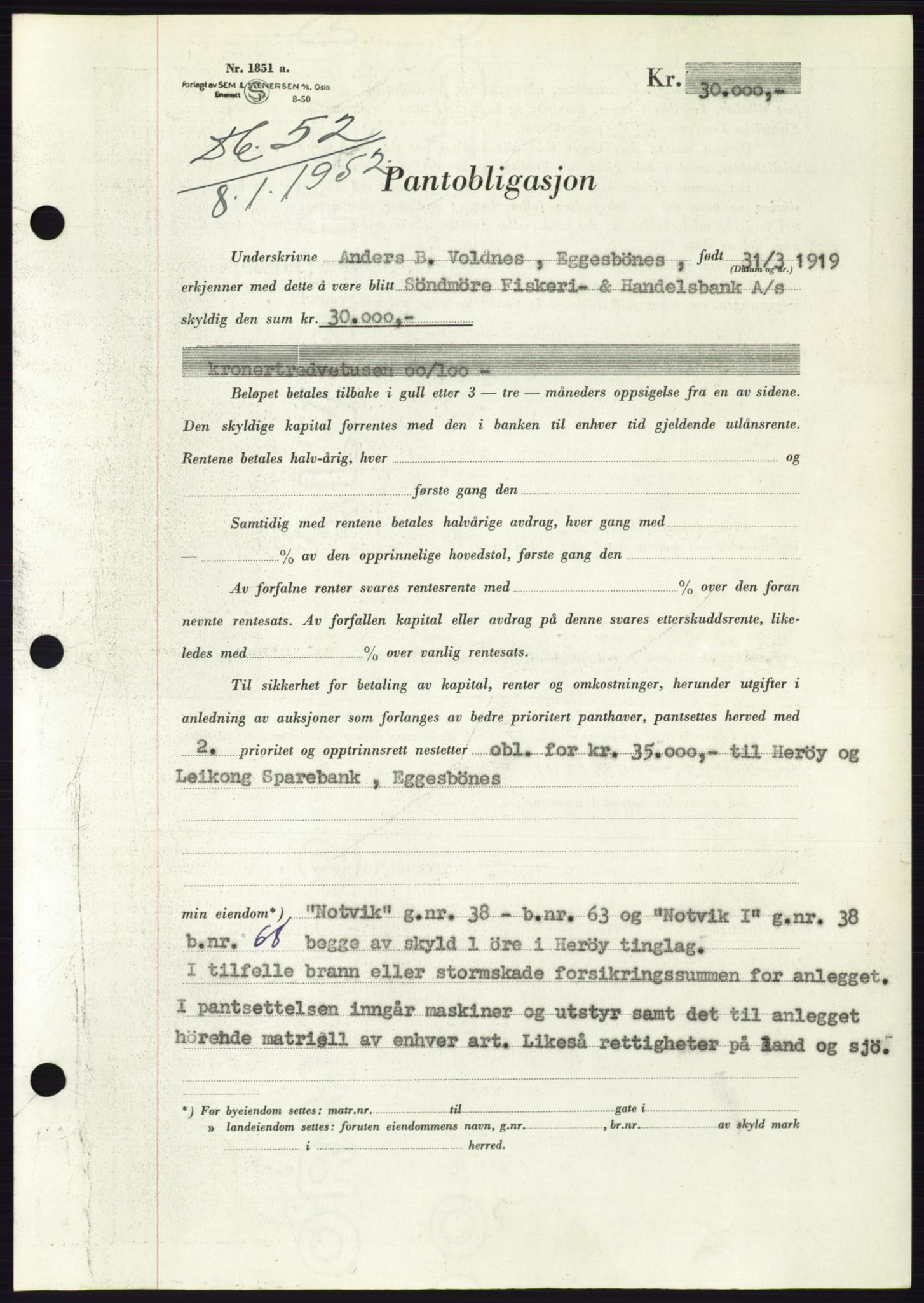 Søre Sunnmøre sorenskriveri, AV/SAT-A-4122/1/2/2C/L0121: Mortgage book no. 9B, 1951-1952, Diary no: : 52/1952