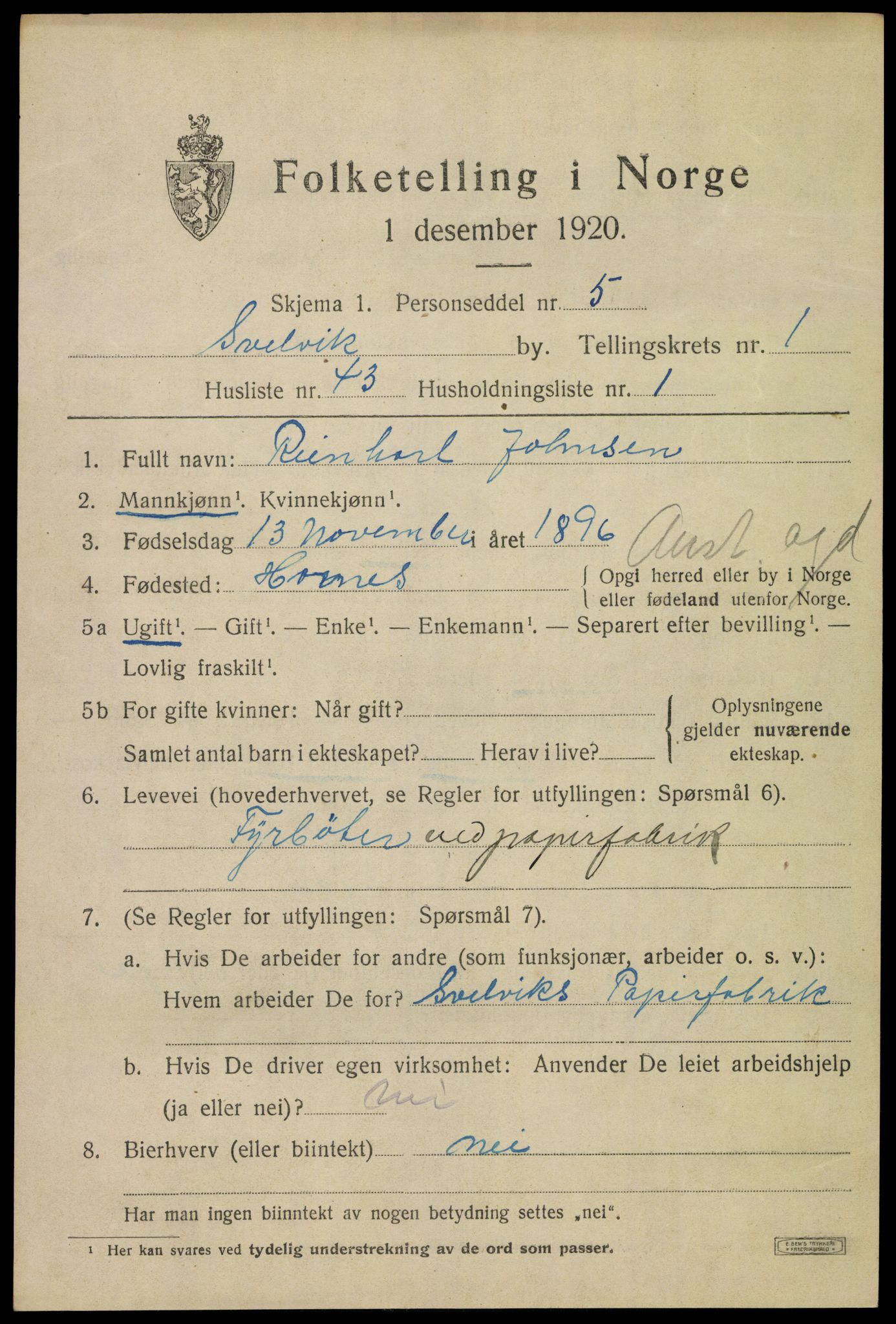 SAKO, 1920 census for Svelvik, 1920, p. 1645