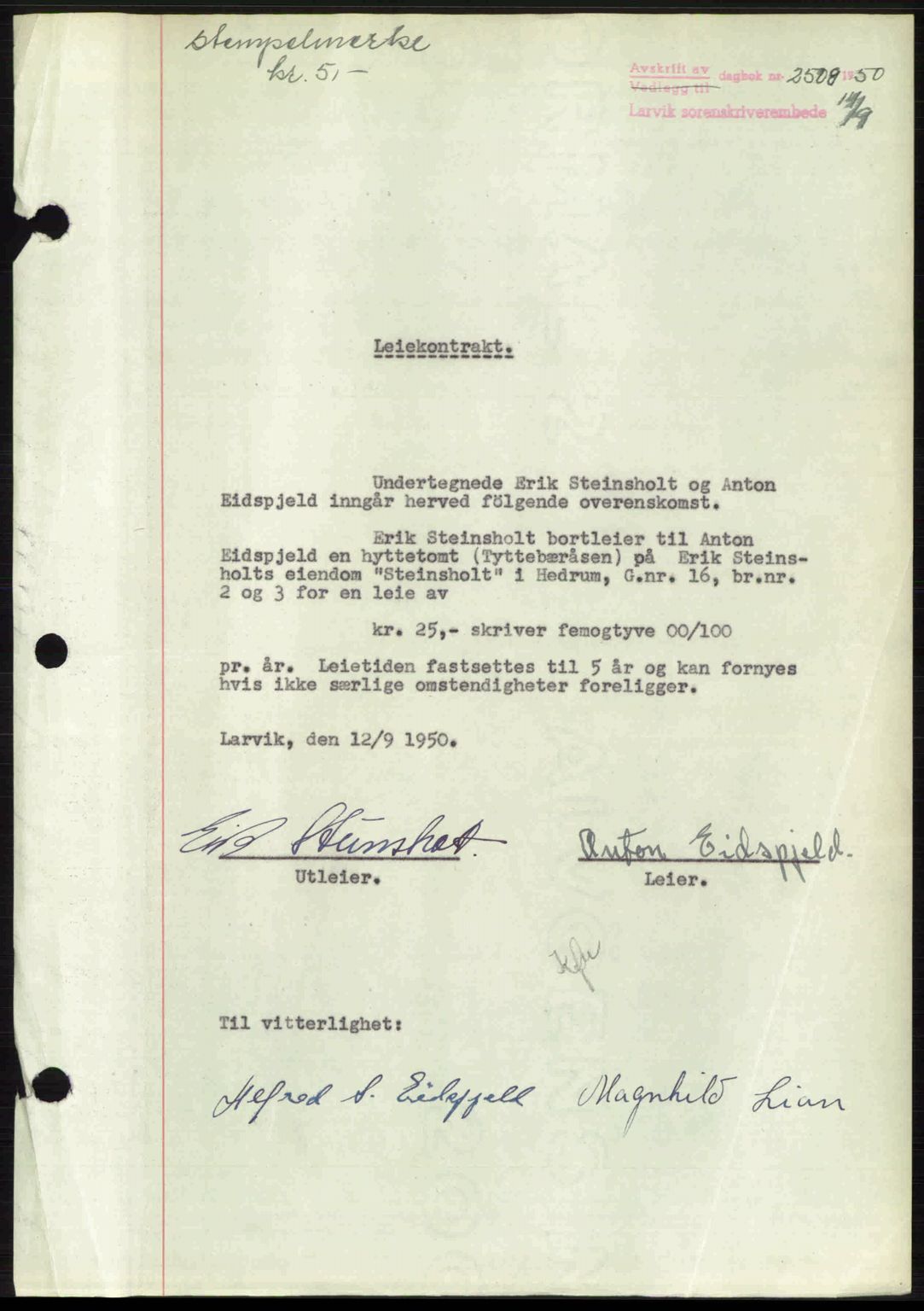 Larvik sorenskriveri, AV/SAKO-A-83/G/Ga/Gab/L0092: Mortgage book no. A-26, 1950-1950, Diary no: : 2508/1950