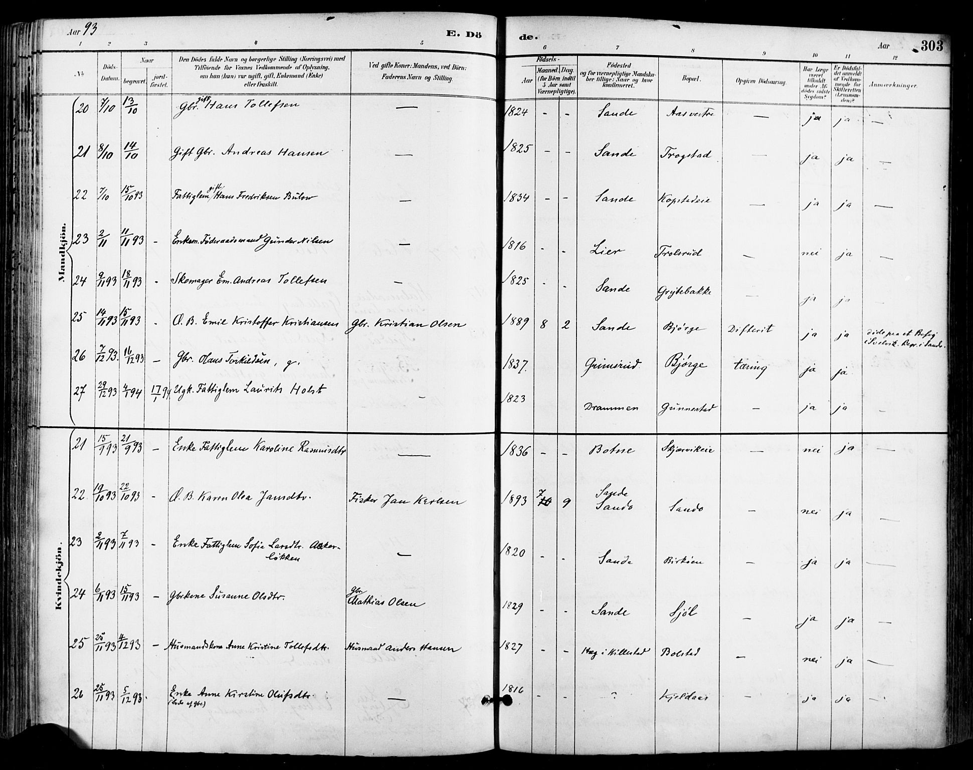 Sande Kirkebøker, AV/SAKO-A-53/F/Fa/L0007: Parish register (official) no. 7, 1888-1903, p. 303