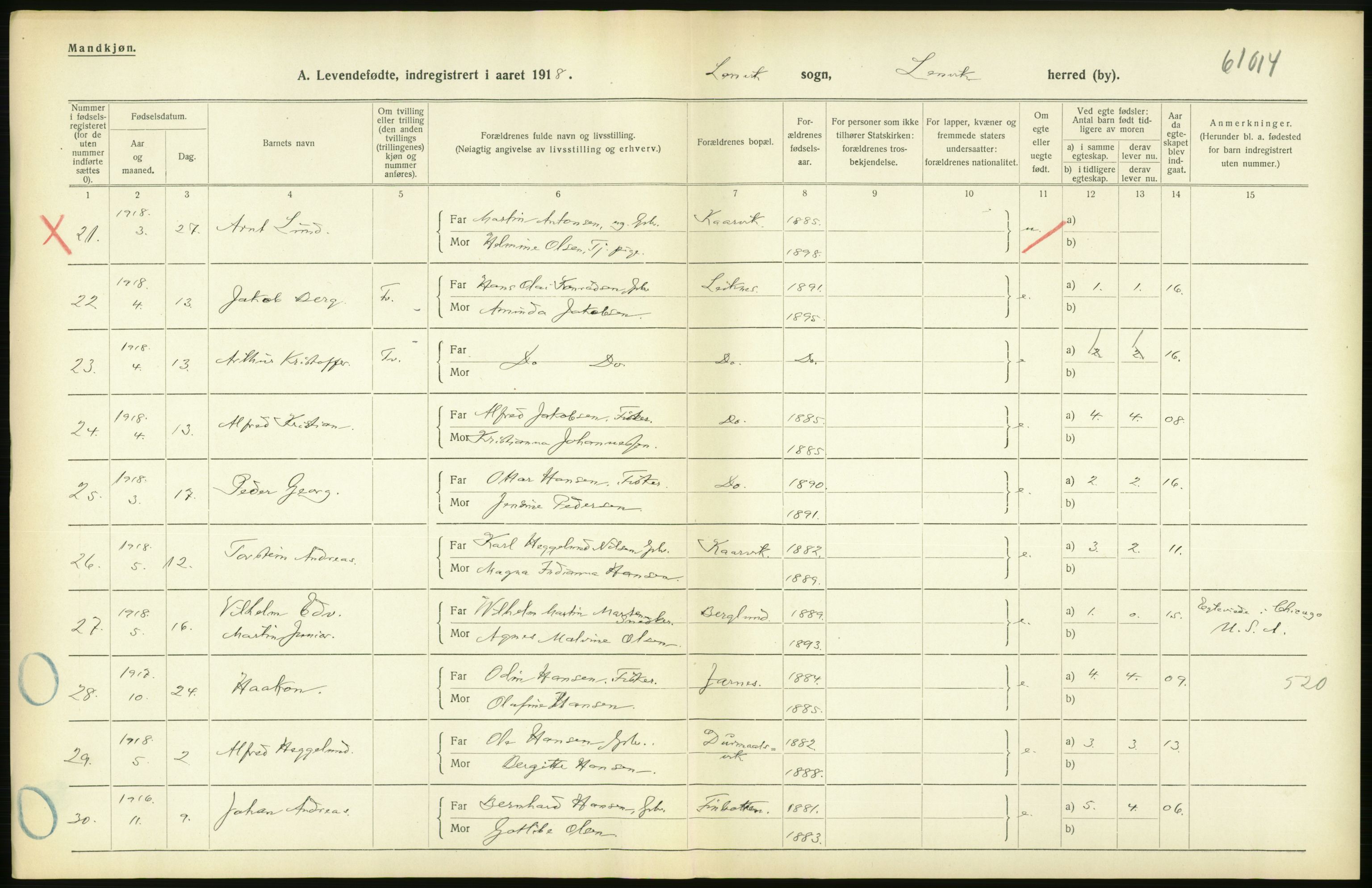 Statistisk sentralbyrå, Sosiodemografiske emner, Befolkning, RA/S-2228/D/Df/Dfb/Dfbh/L0056: Troms fylke: Levendefødte menn og kvinner. Bygder og byer., 1918, p. 410