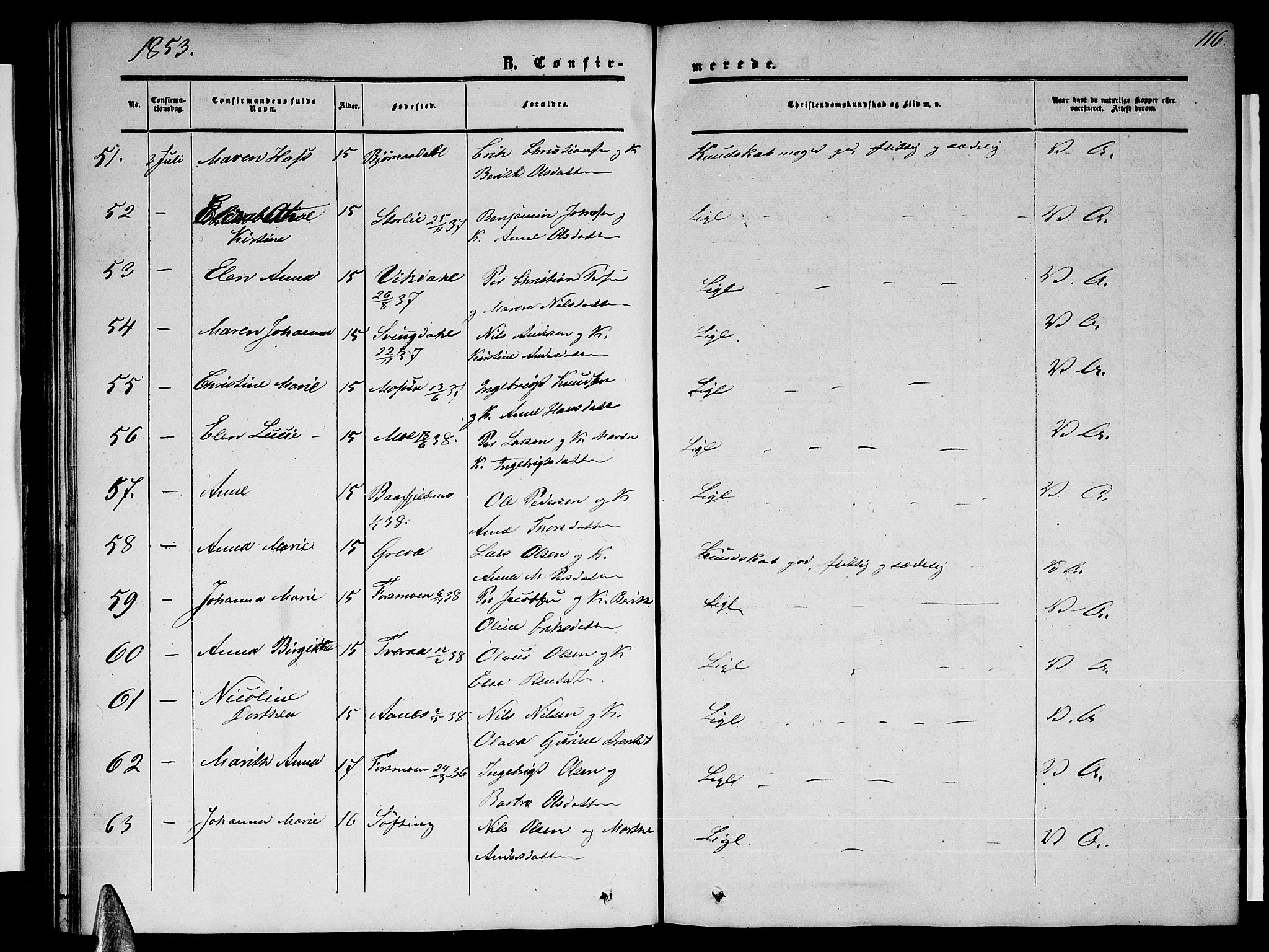 Ministerialprotokoller, klokkerbøker og fødselsregistre - Nordland, SAT/A-1459/820/L0301: Parish register (copy) no. 820C03, 1851-1858, p. 116