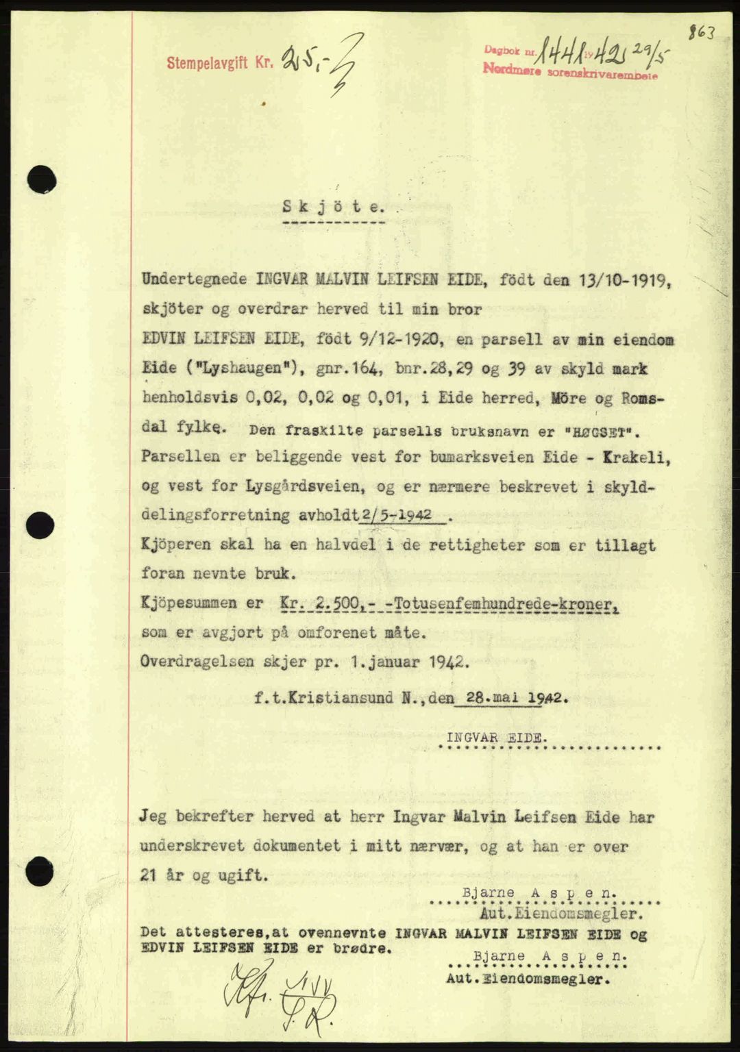 Nordmøre sorenskriveri, AV/SAT-A-4132/1/2/2Ca: Mortgage book no. A92, 1942-1942, Diary no: : 1441/1942