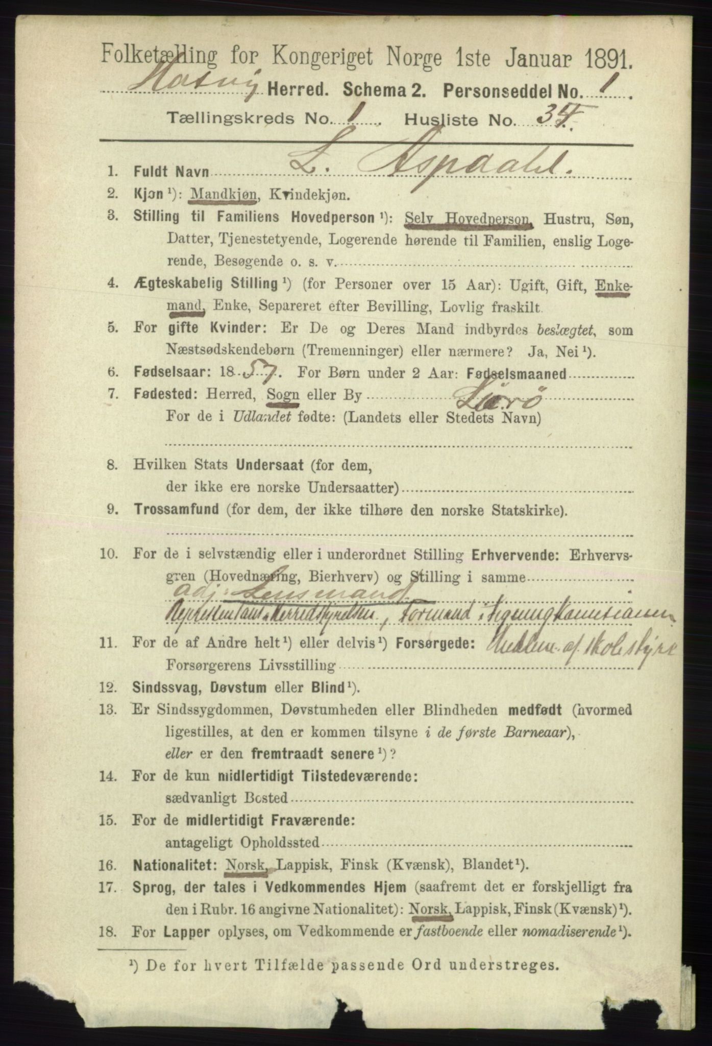 RA, 1891 census for 2015 Hasvik, 1891, p. 259