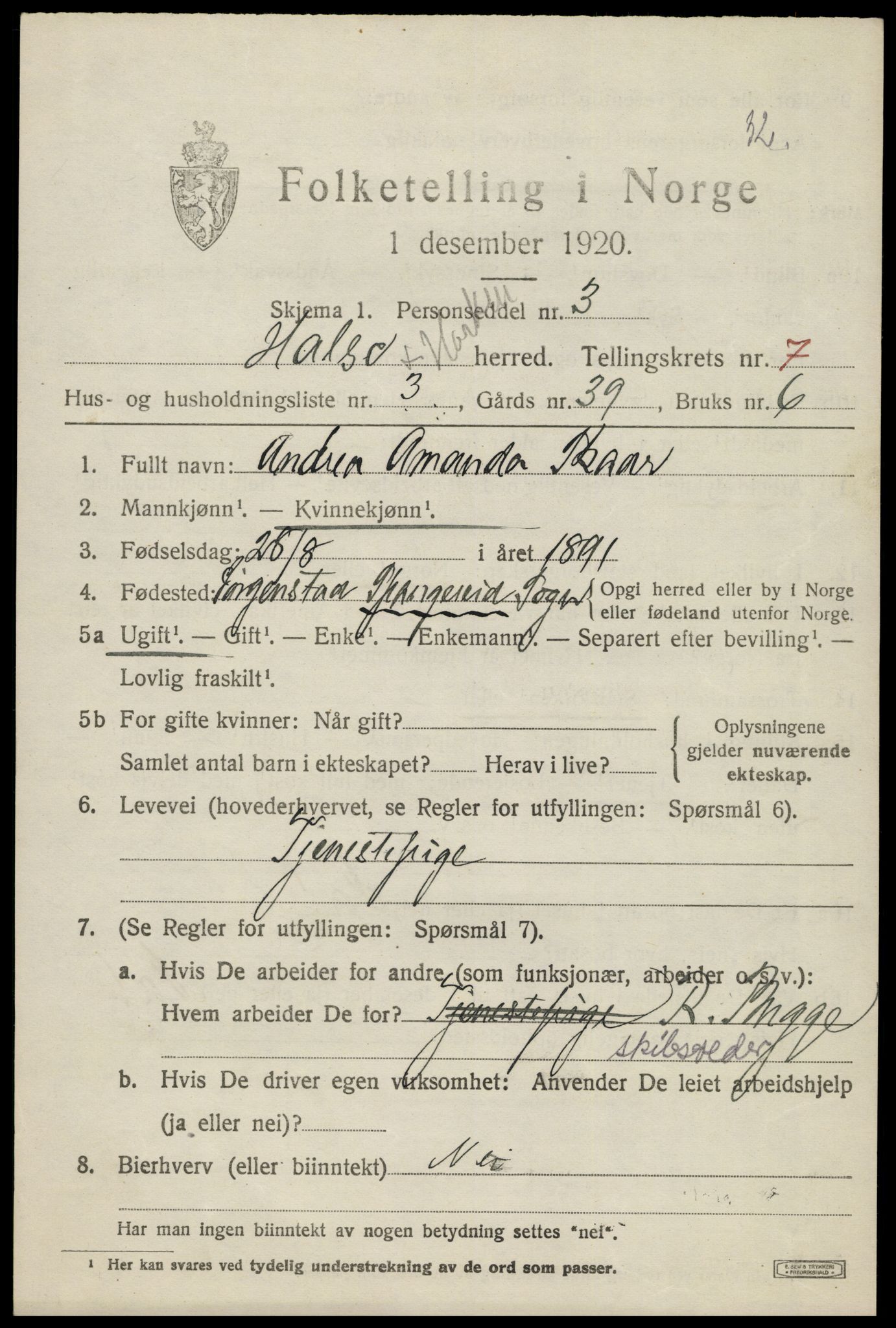 SAK, 1920 census for Halse og Harkmark, 1920, p. 3733