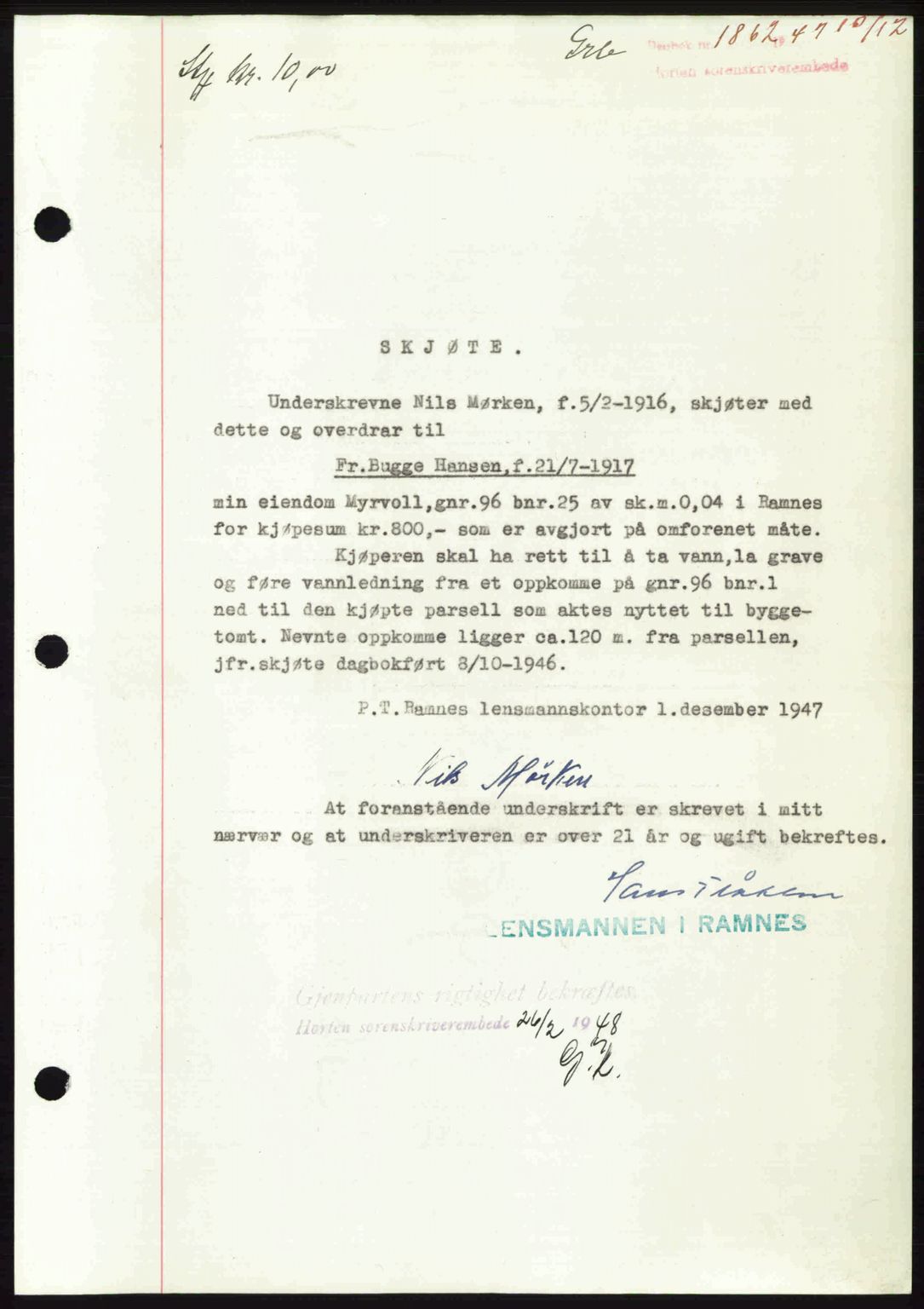 Horten sorenskriveri, AV/SAKO-A-133/G/Ga/Gaa/L0010: Mortgage book no. A-10, 1947-1948, Diary no: : 1862/1947