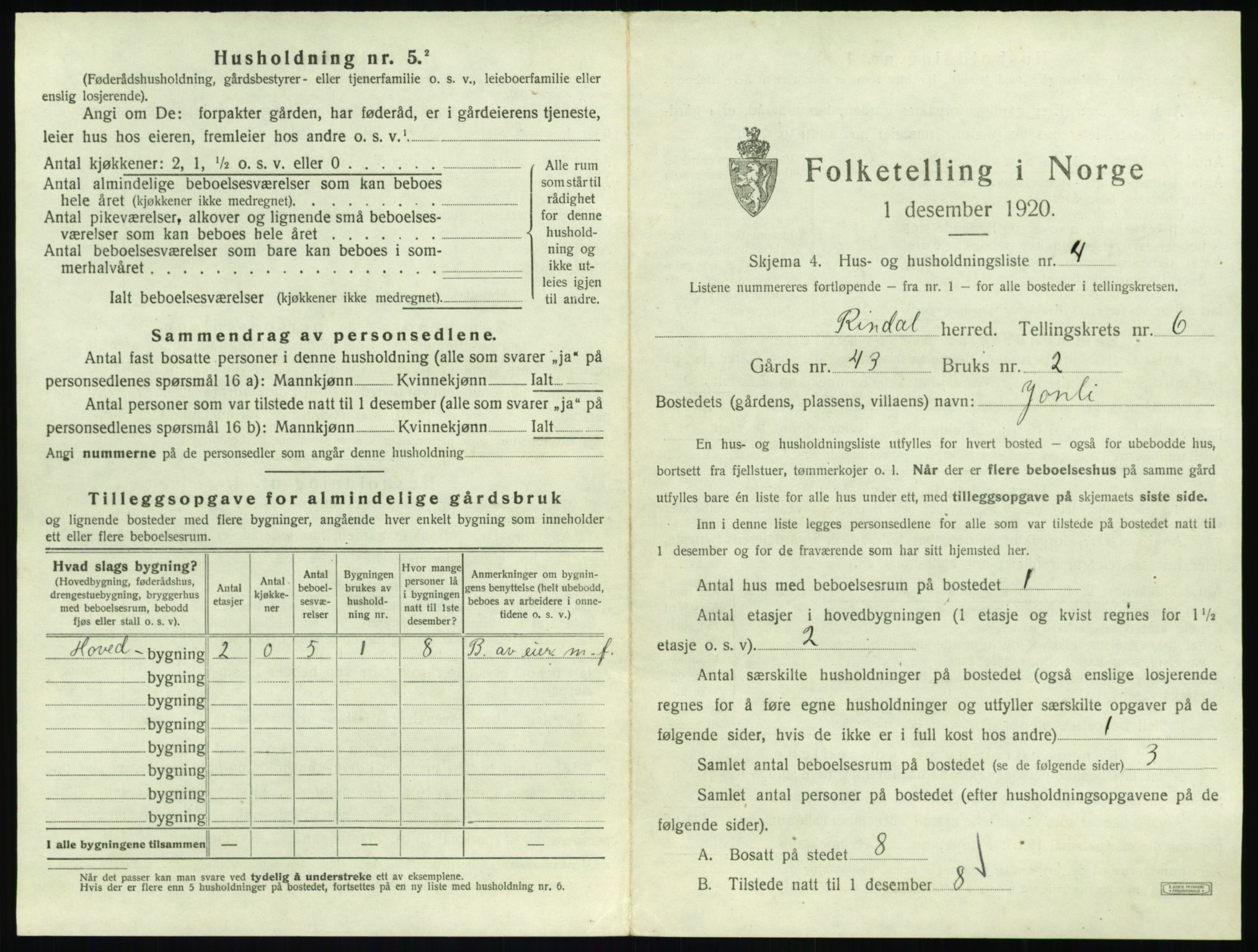 SAT, 1920 census for Rindal, 1920, p. 438