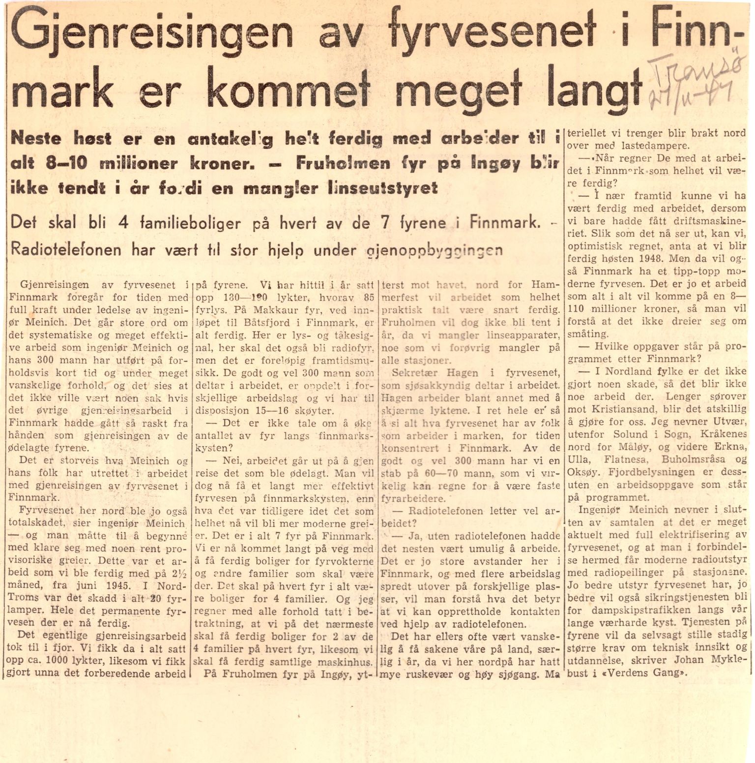 Finnmarkskontorets presse- og opplysningsarkiv , FMFB/A-1198/E/L0005/0008: 3. Gjenreinisng / Fyrvesen