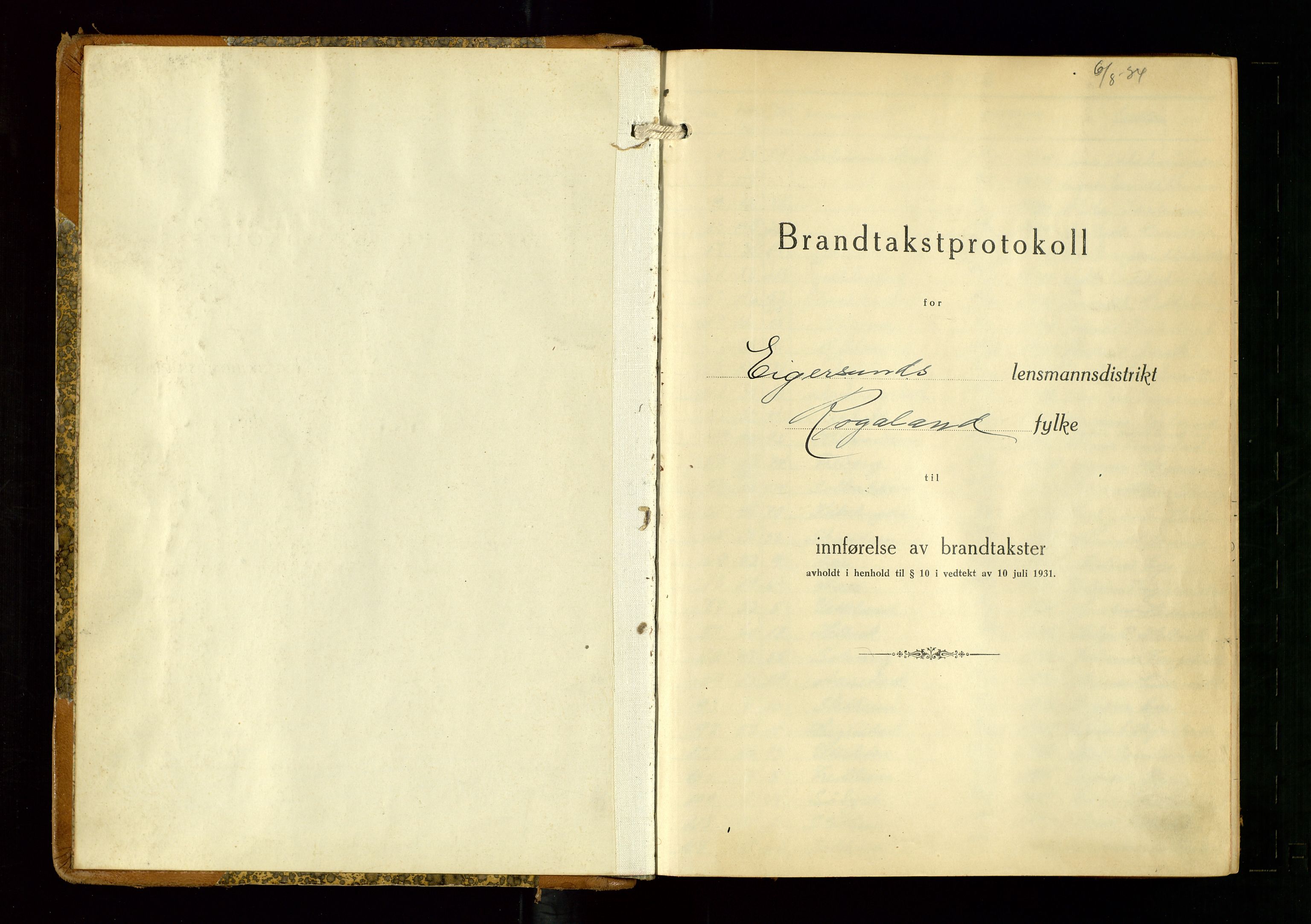 Eigersund lensmannskontor, SAST/A-100171/Gob/L0006: "Brandtakstprotokoll", 1934-1938