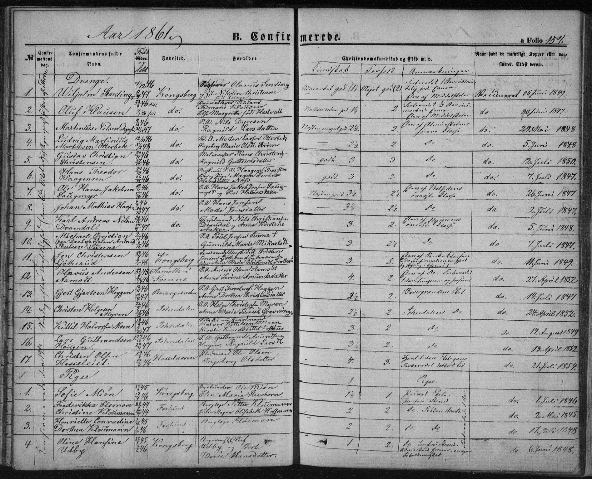 Kongsberg kirkebøker, SAKO/A-22/F/Fa/L0010: Parish register (official) no. I 10, 1859-1875, p. 154