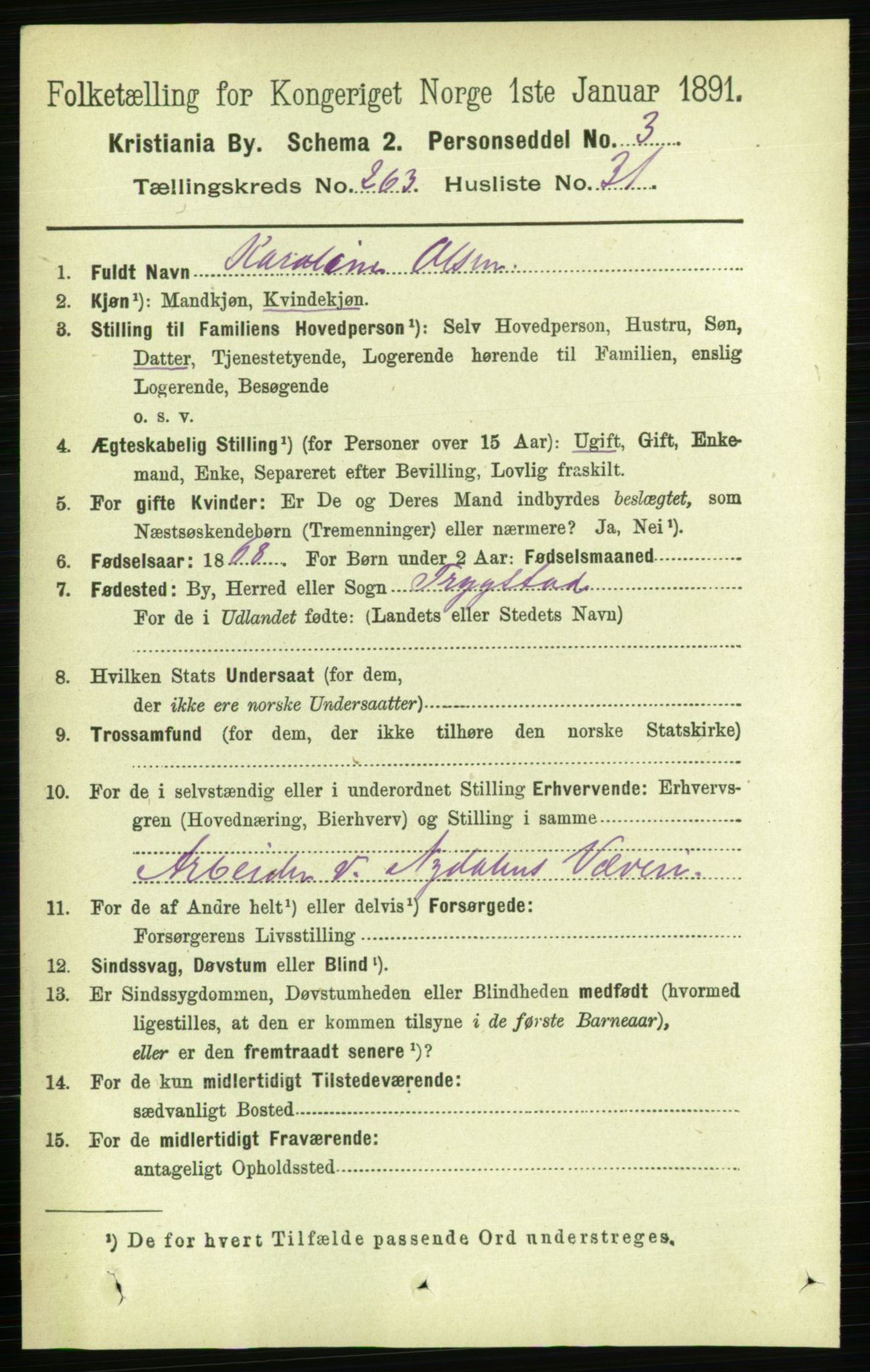 RA, 1891 census for 0301 Kristiania, 1891, p. 160034