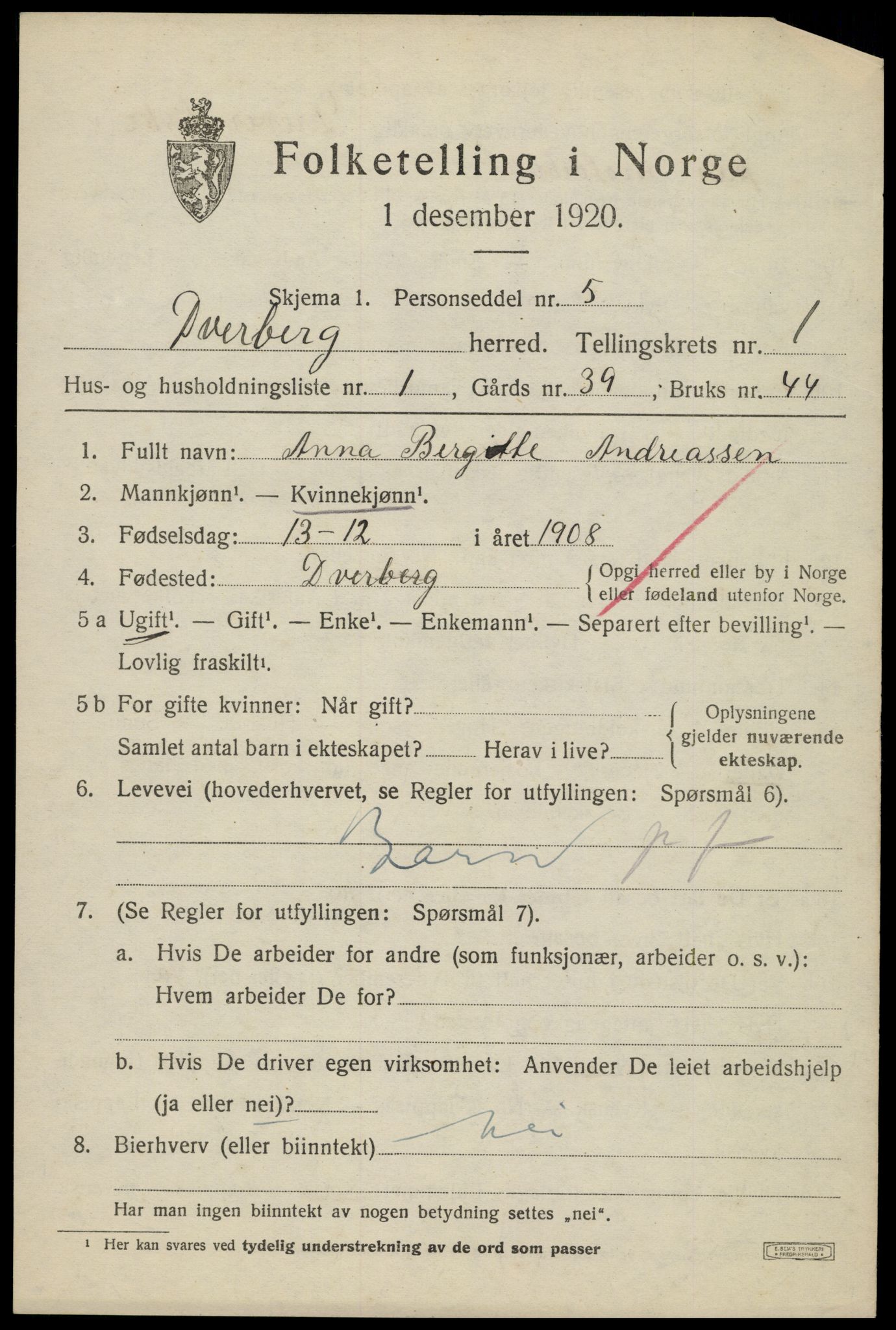 SAT, 1920 census for Dverberg, 1920, p. 1866