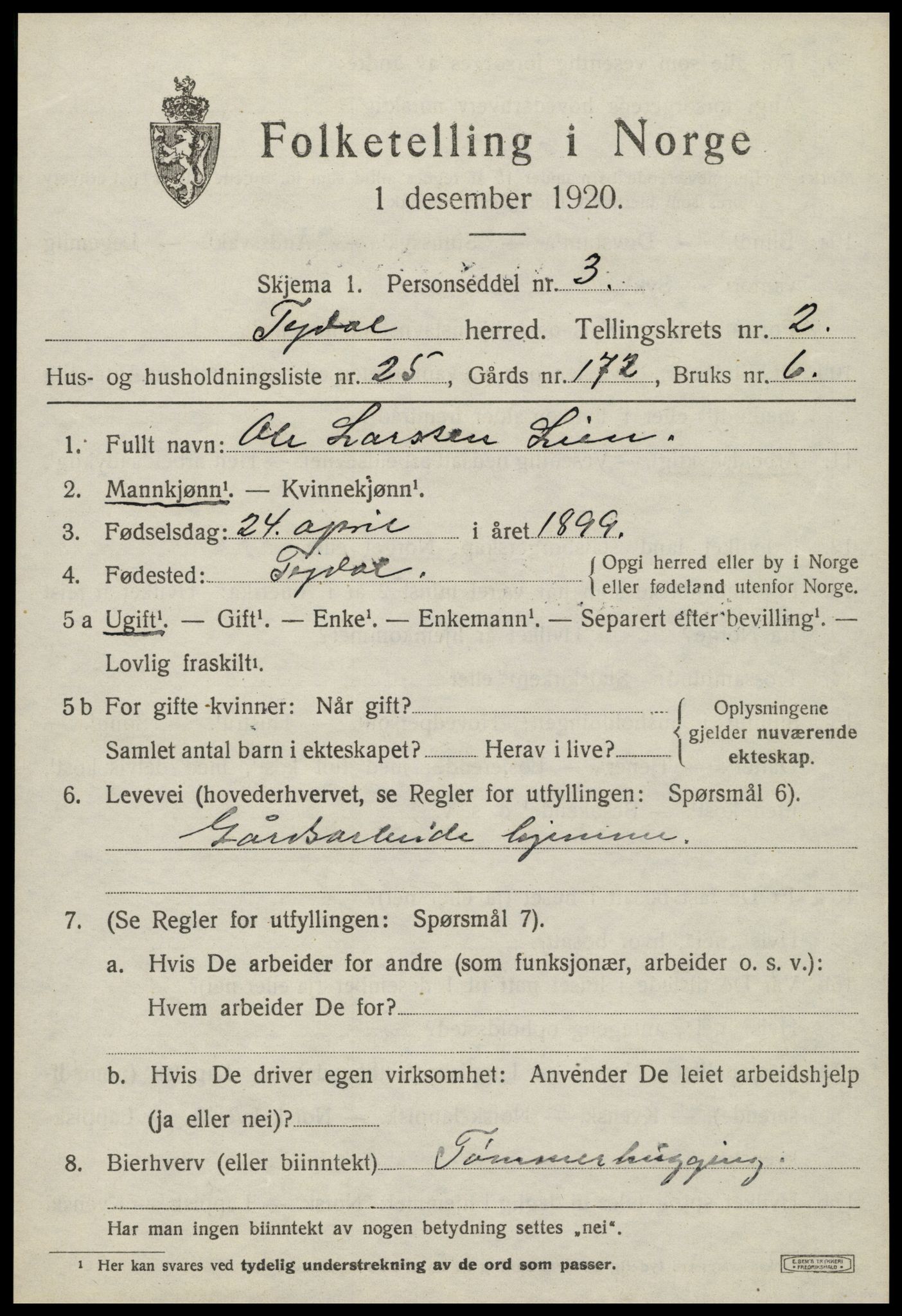 SAT, 1920 census for Tydal, 1920, p. 861