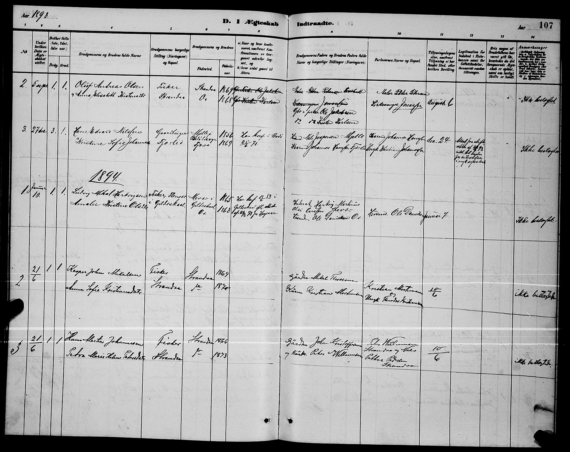 Ministerialprotokoller, klokkerbøker og fødselsregistre - Nordland, SAT/A-1459/803/L0076: Parish register (copy) no. 803C03, 1882-1897, p. 107