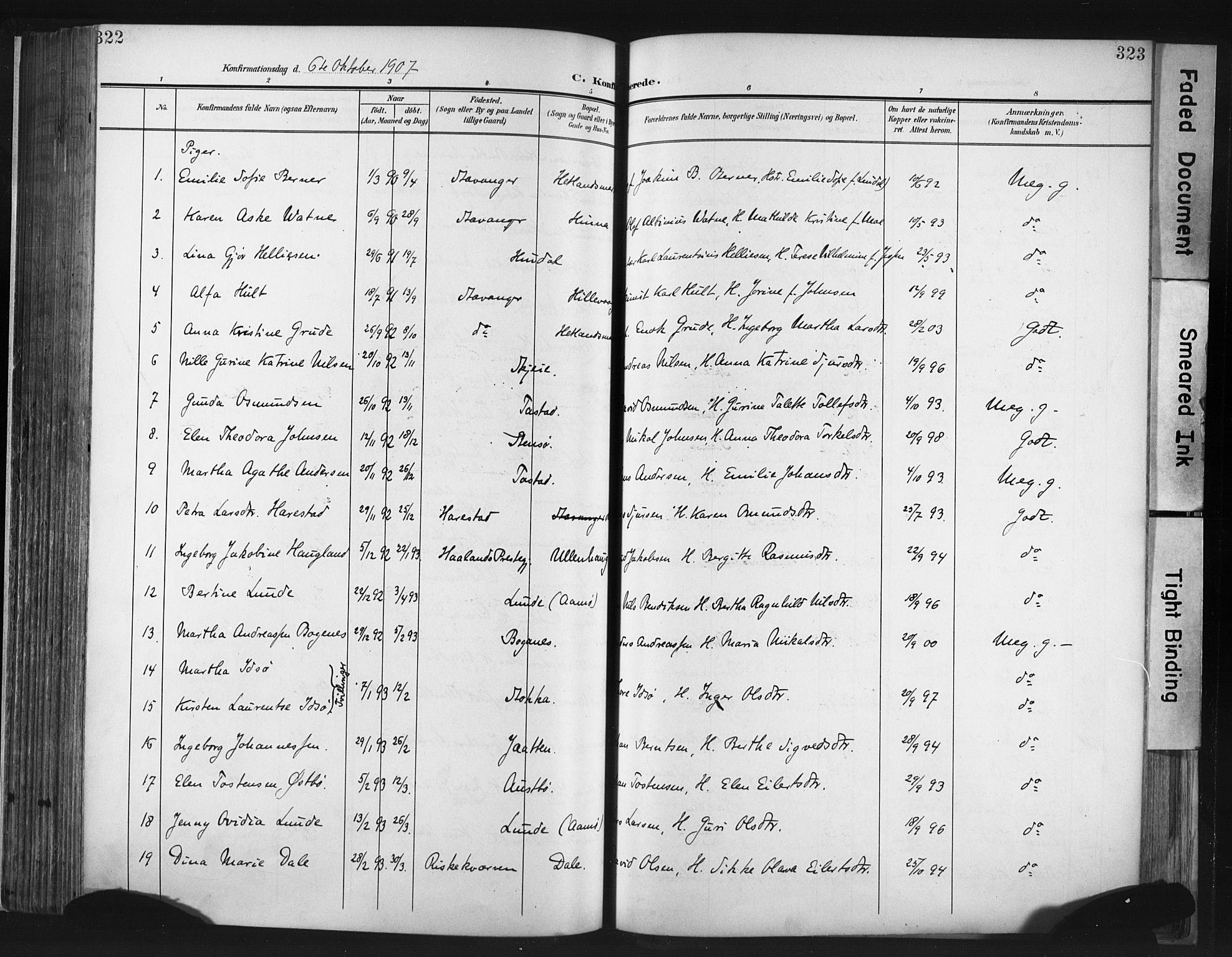 Hetland sokneprestkontor, SAST/A-101826/30/30BA/L0013: Parish register (official) no. A 13, 1904-1918, p. 322-323
