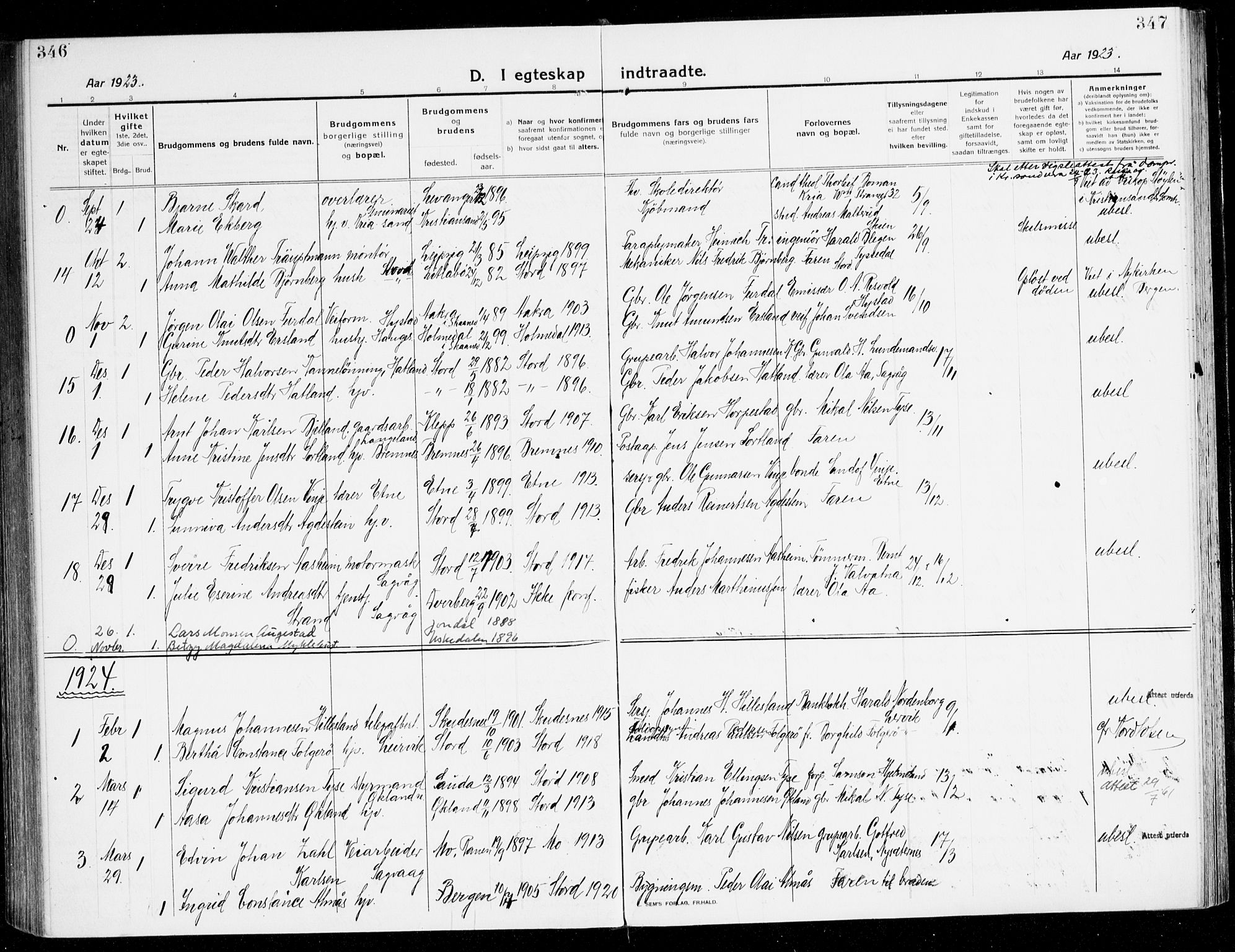 Stord sokneprestembete, SAB/A-78201/H/Haa: Parish register (official) no. B 3, 1913-1925, p. 346-347
