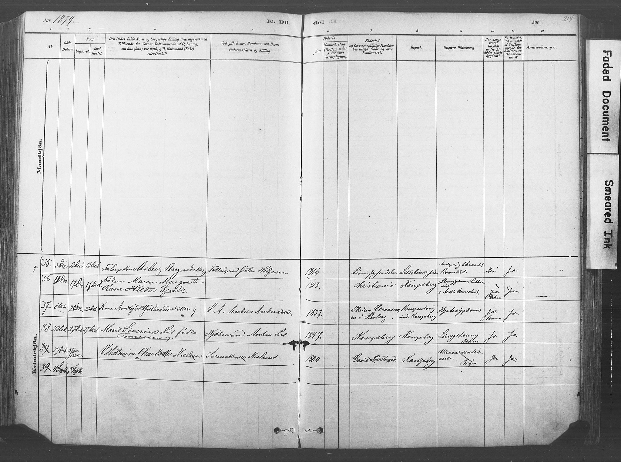 Kongsberg kirkebøker, AV/SAKO-A-22/F/Fb/L0001: Parish register (official) no. II 1, 1878-1886, p. 214