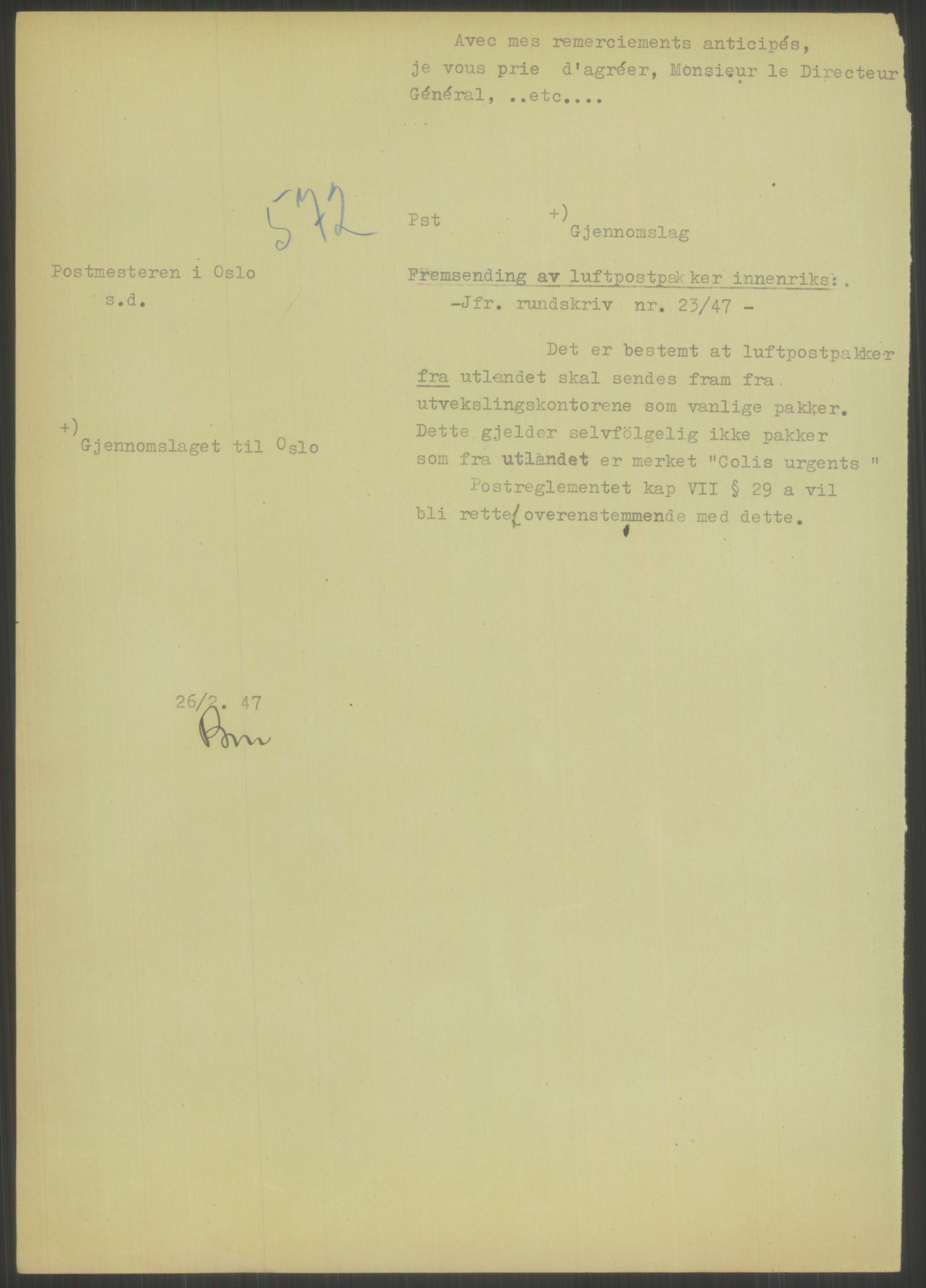 Postdirektoratet, Administrasjonsservice (TSA), AV/RA-S-4783/D/L0095/0002: De forskjellige tjenestegrener / Luftpakkepost, 1947-1965, p. 474