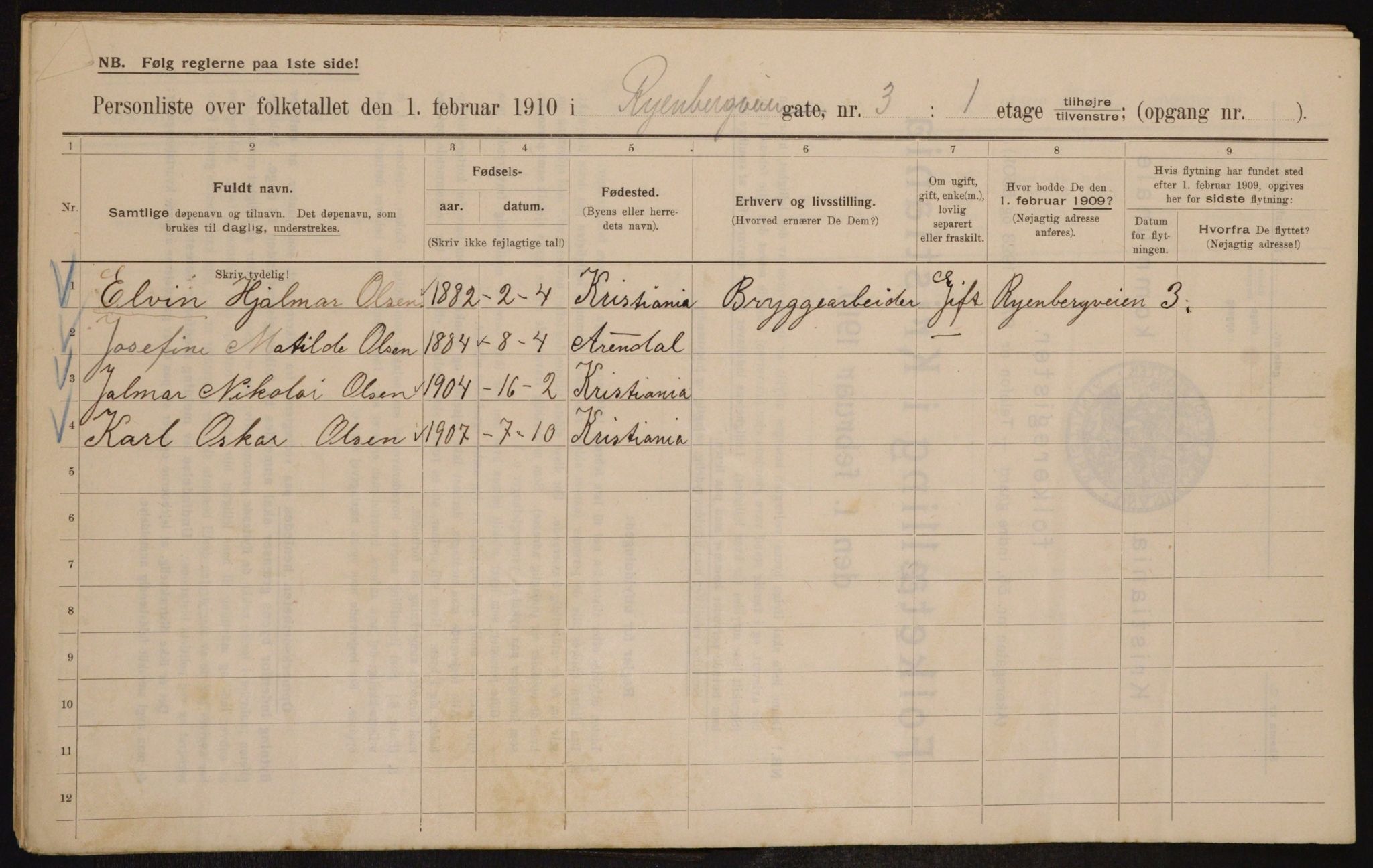 OBA, Municipal Census 1910 for Kristiania, 1910, p. 81955