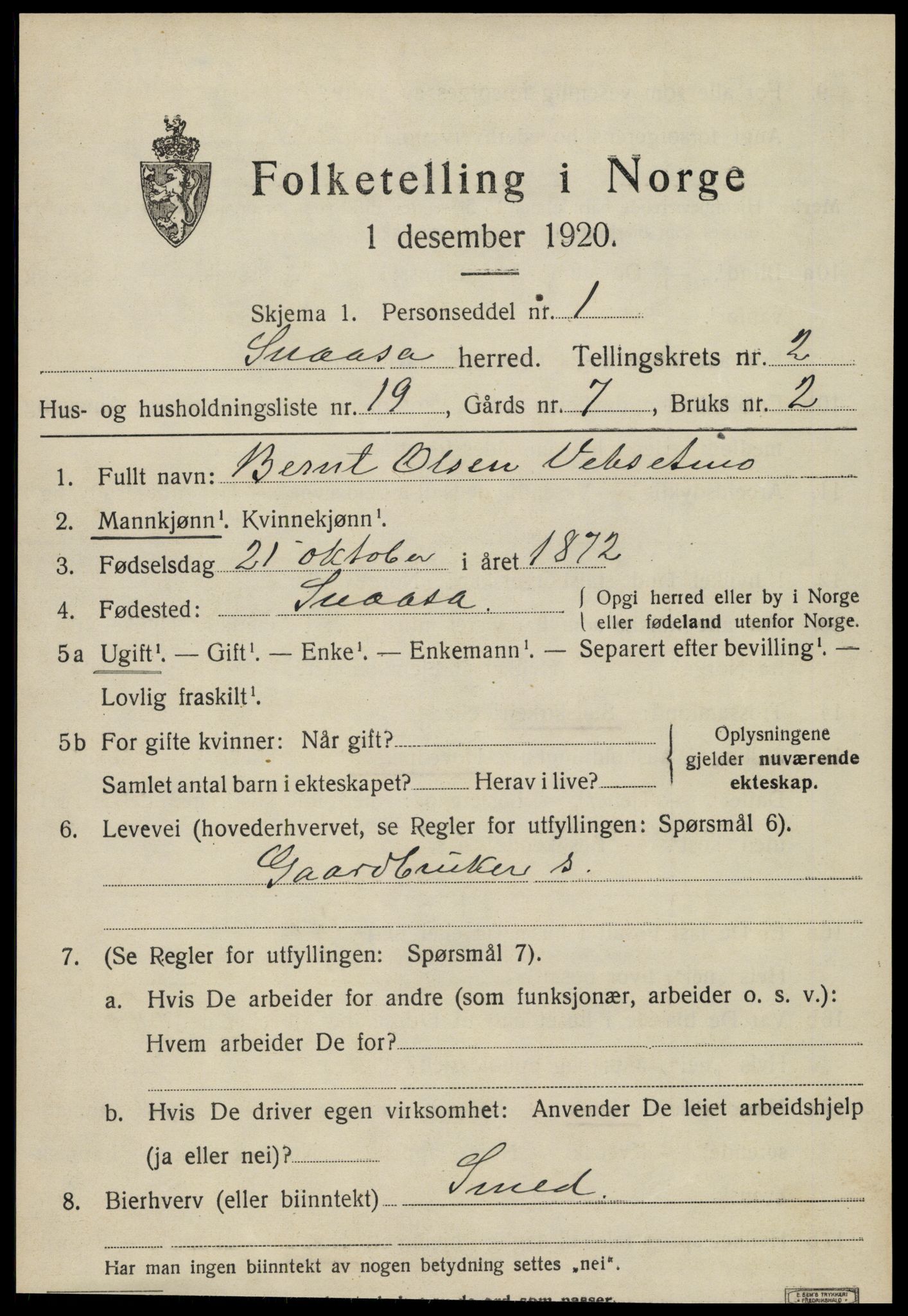 SAT, 1920 census for Snåsa, 1920, p. 1396