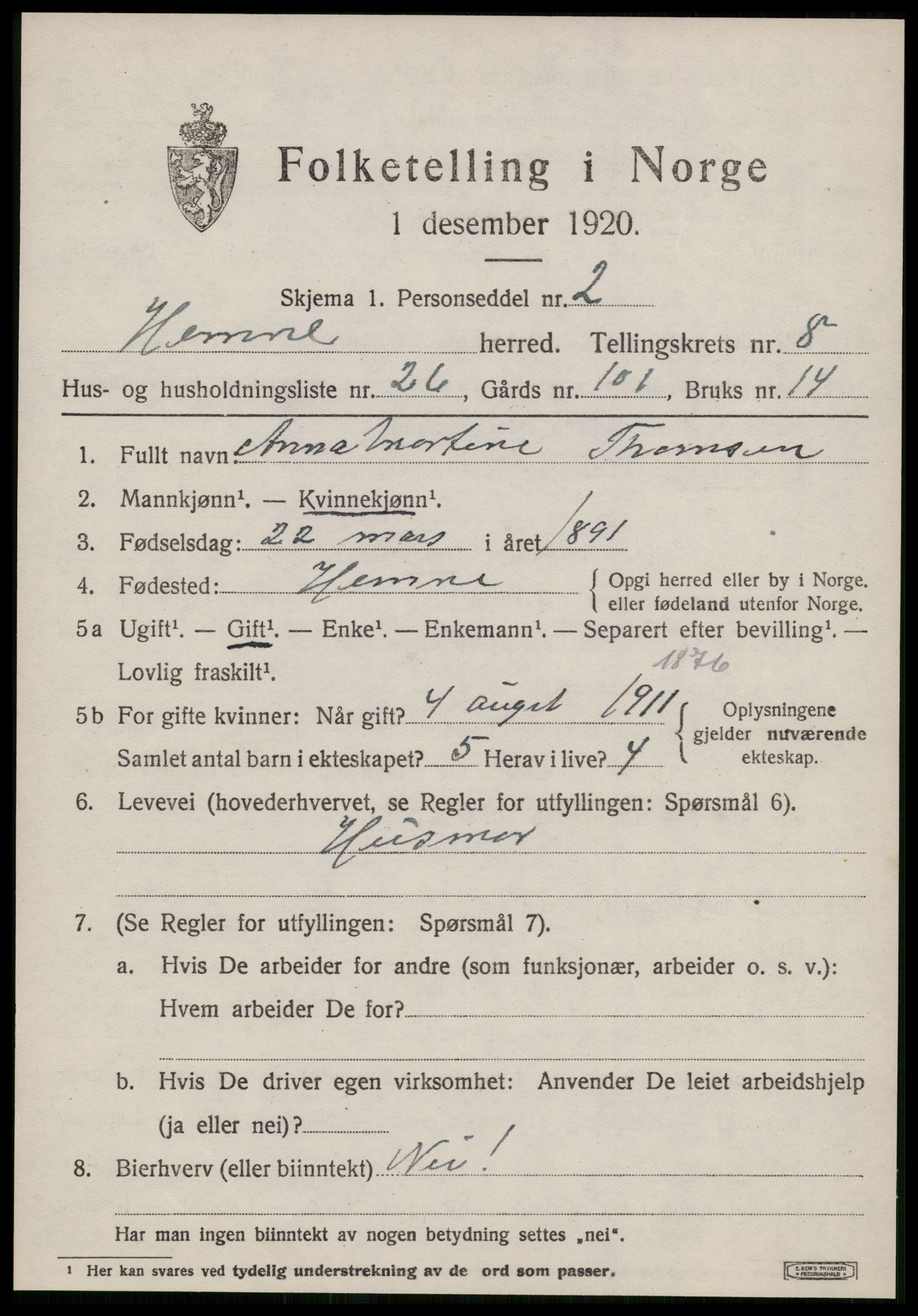 SAT, 1920 census for Hemne, 1920, p. 5022