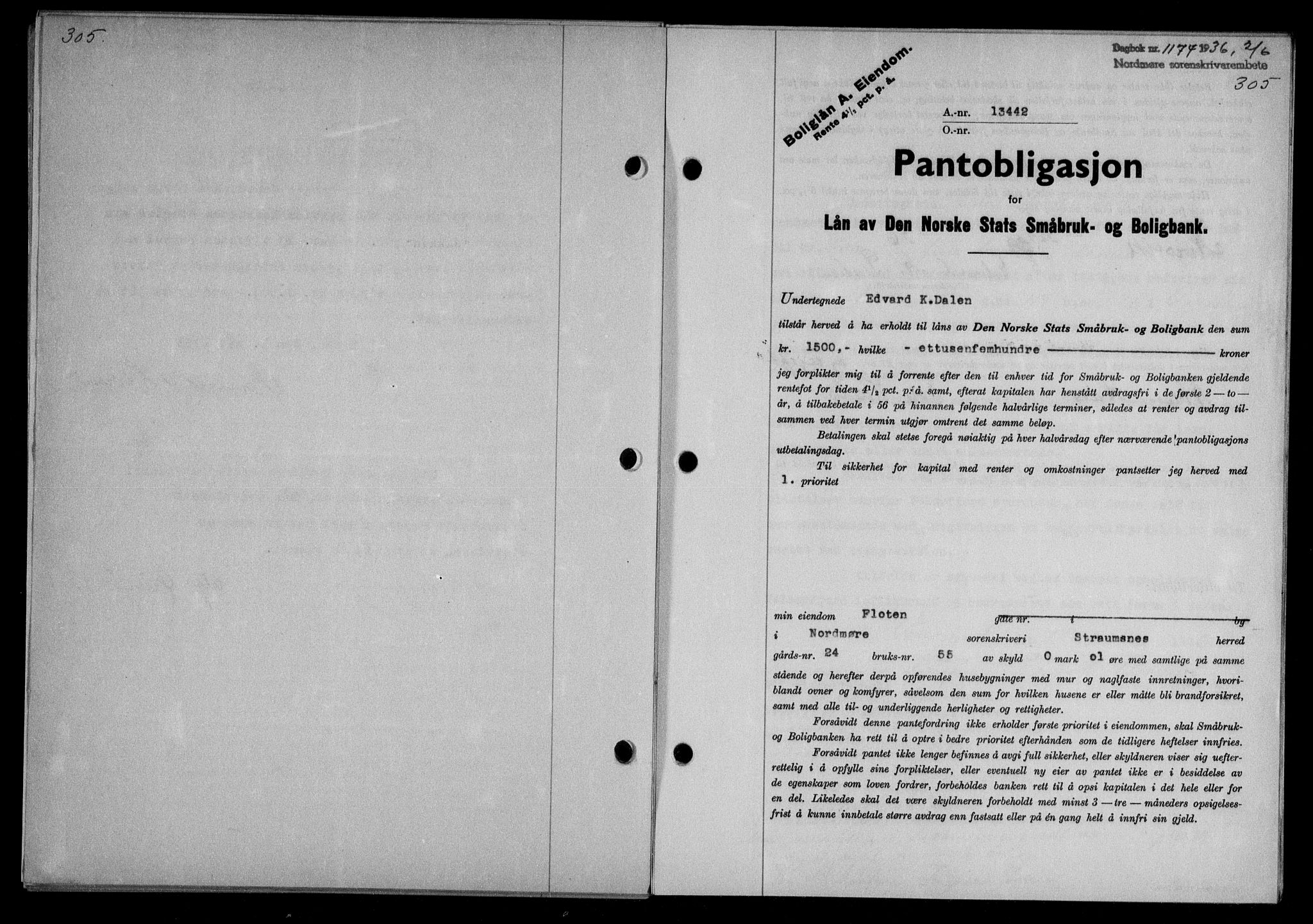 Nordmøre sorenskriveri, AV/SAT-A-4132/1/2/2Ca/L0088: Mortgage book no. 78, 1936-1936, Diary no: : 1174/1936