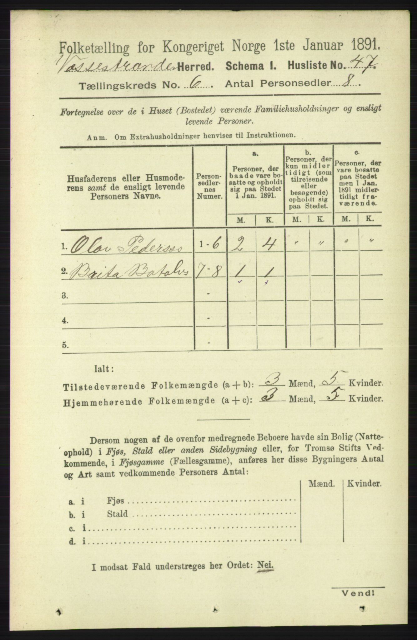 RA, 1891 census for 1236 Vossestrand, 1891, p. 2169