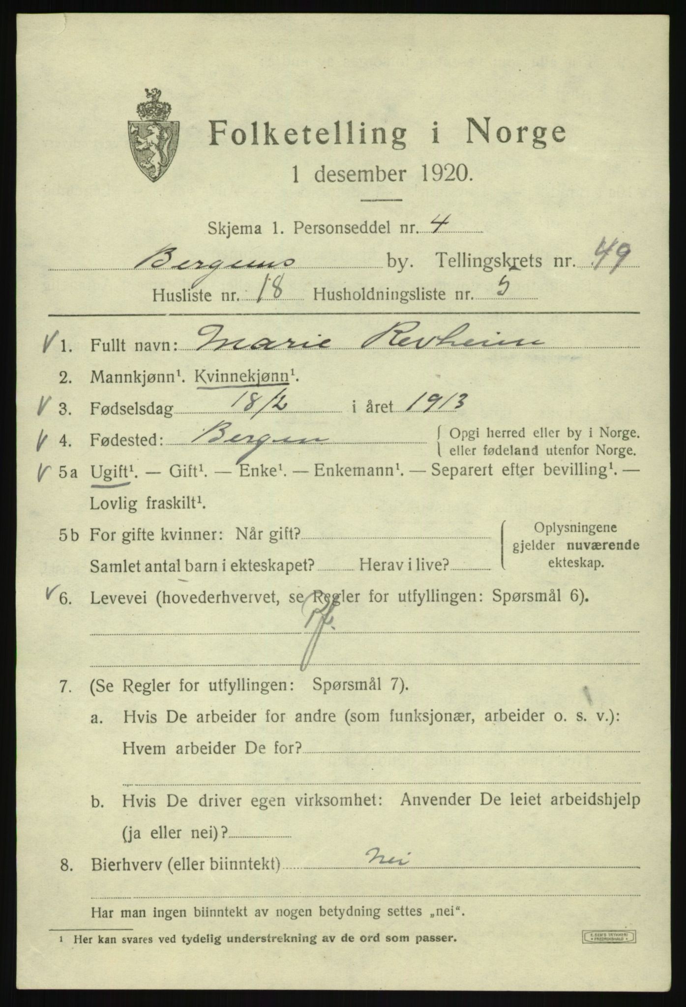 SAB, 1920 census for Bergen, 1920, p. 118419