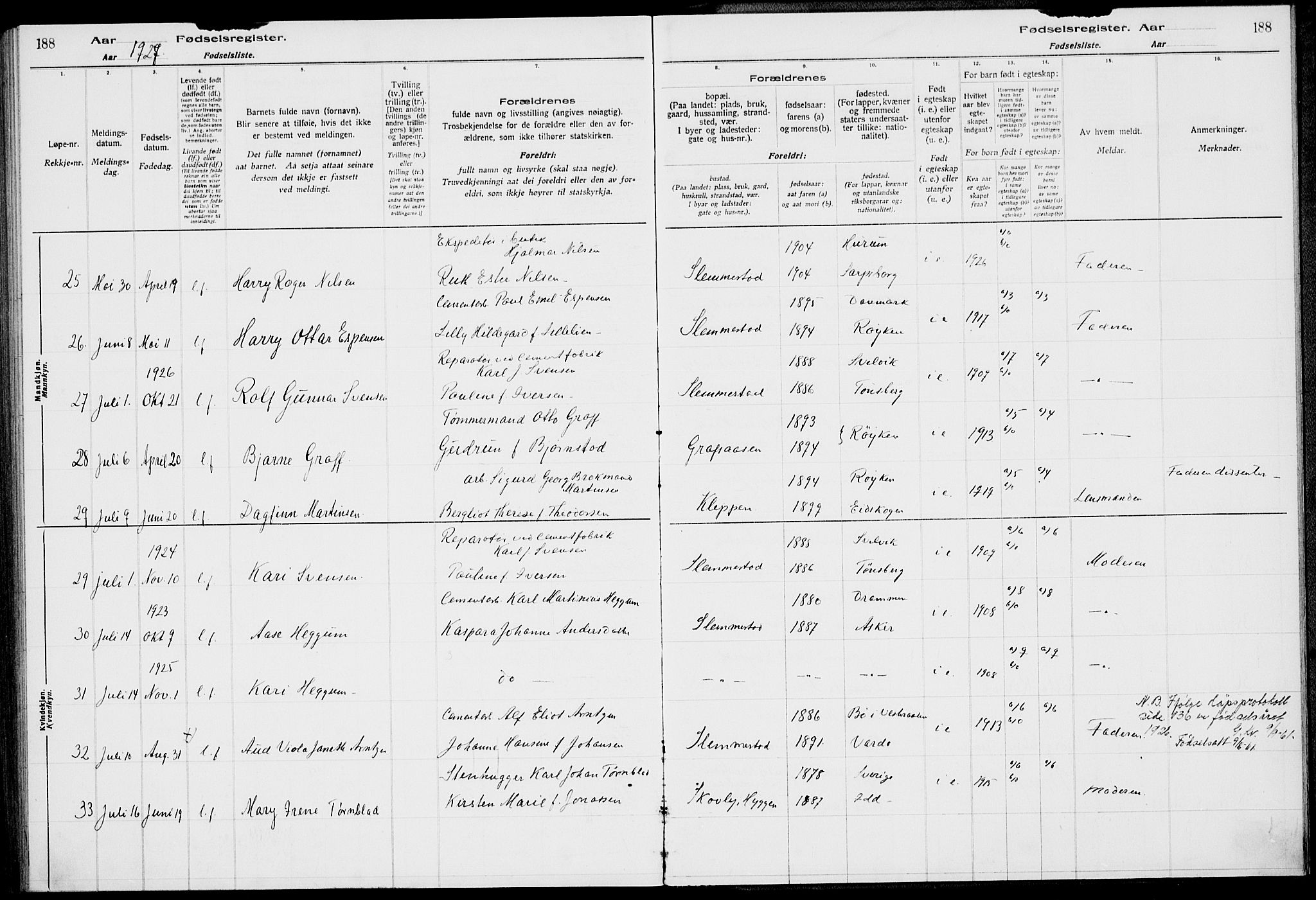 Røyken kirkebøker, AV/SAKO-A-241/J/Ja/L0001: Birth register no. 1, 1916-1927, p. 188