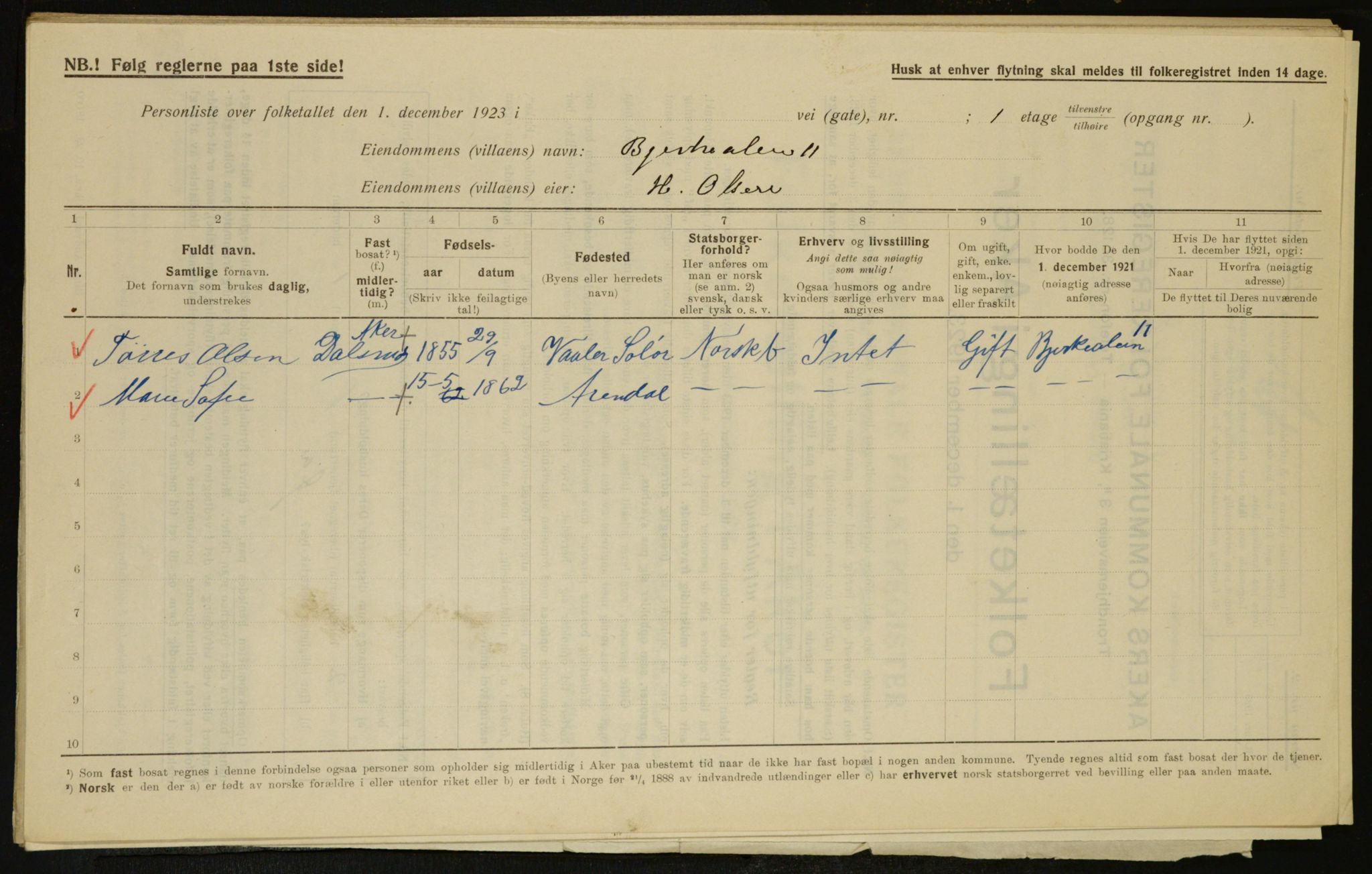 , Municipal Census 1923 for Aker, 1923, p. 7797