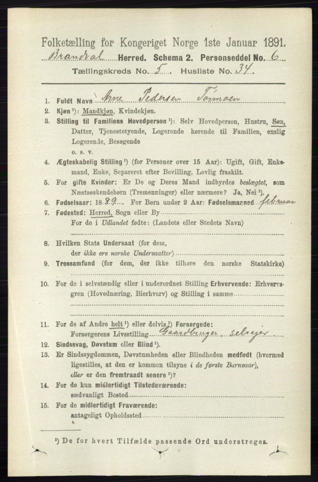 RA, 1891 census for 0422 Brandval, 1891, p. 2427