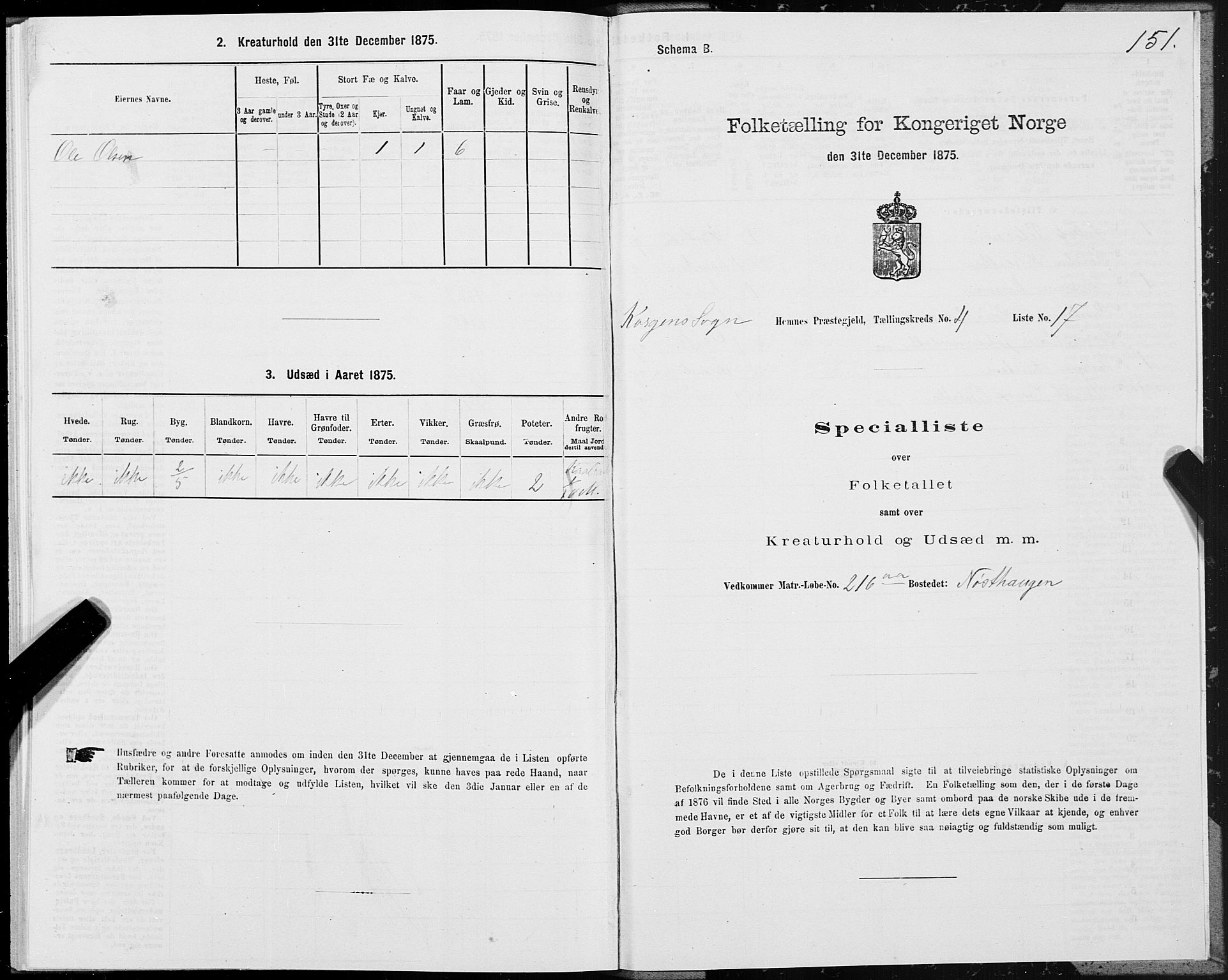 SAT, 1875 census for 1832P Hemnes, 1875, p. 3151