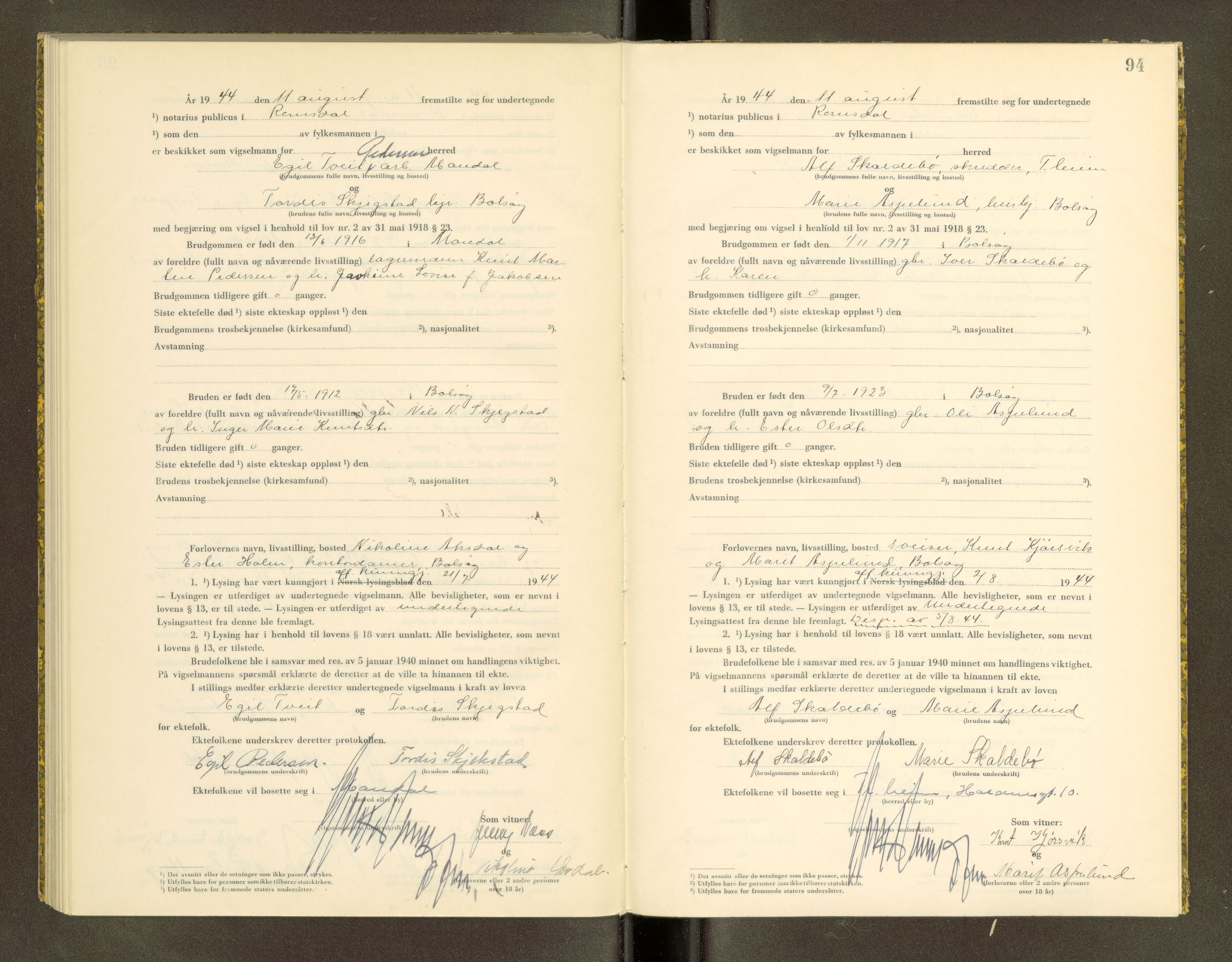 Romsdal sorenskriveri, AV/SAT-A-4149/1/6/6D/L0007: Vigselbok, 1943-1944, p. 94