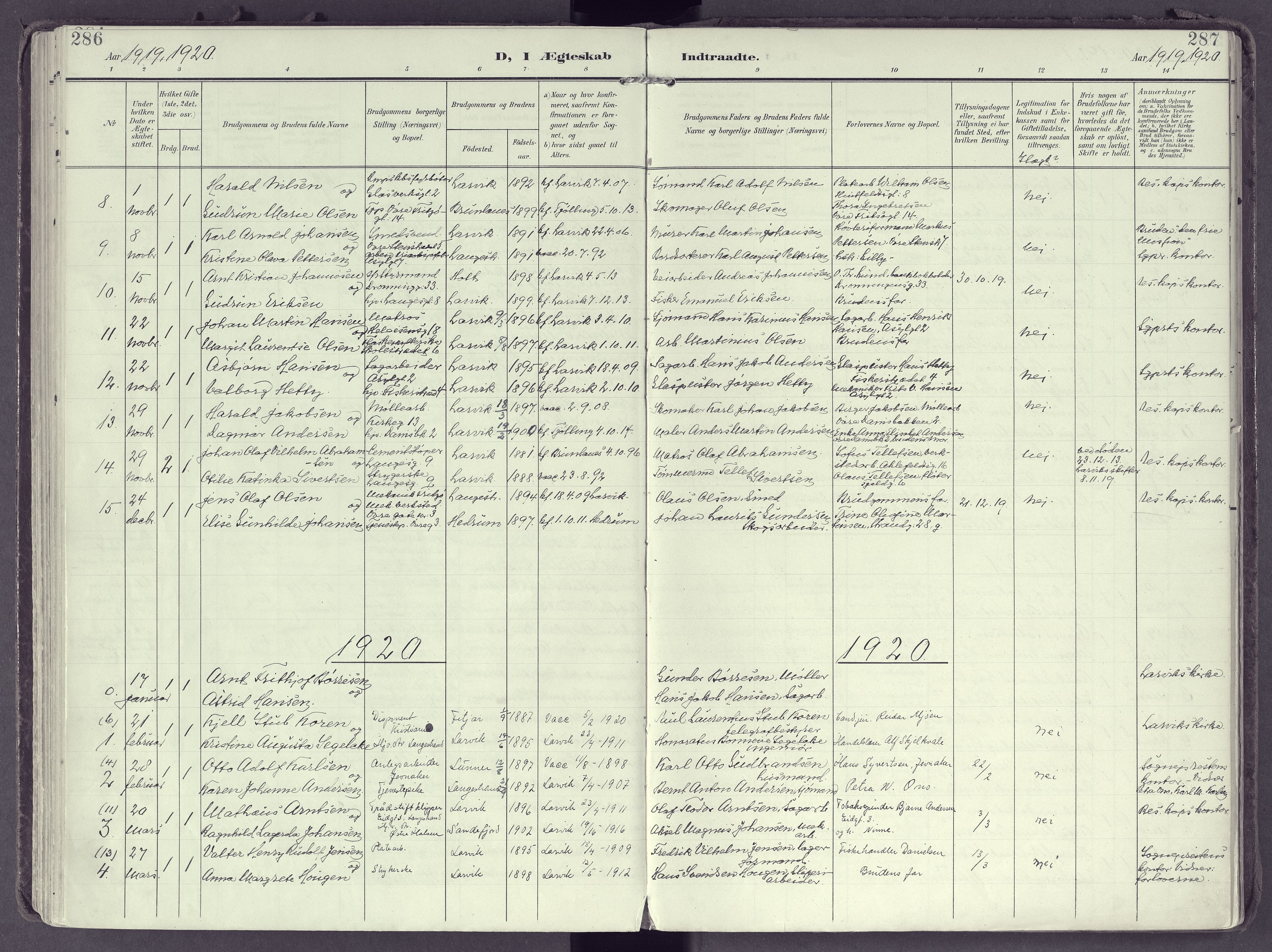 Larvik kirkebøker, SAKO/A-352/F/Fb/L0005: Parish register (official) no. II 5, 1903-1925, p. 286-287