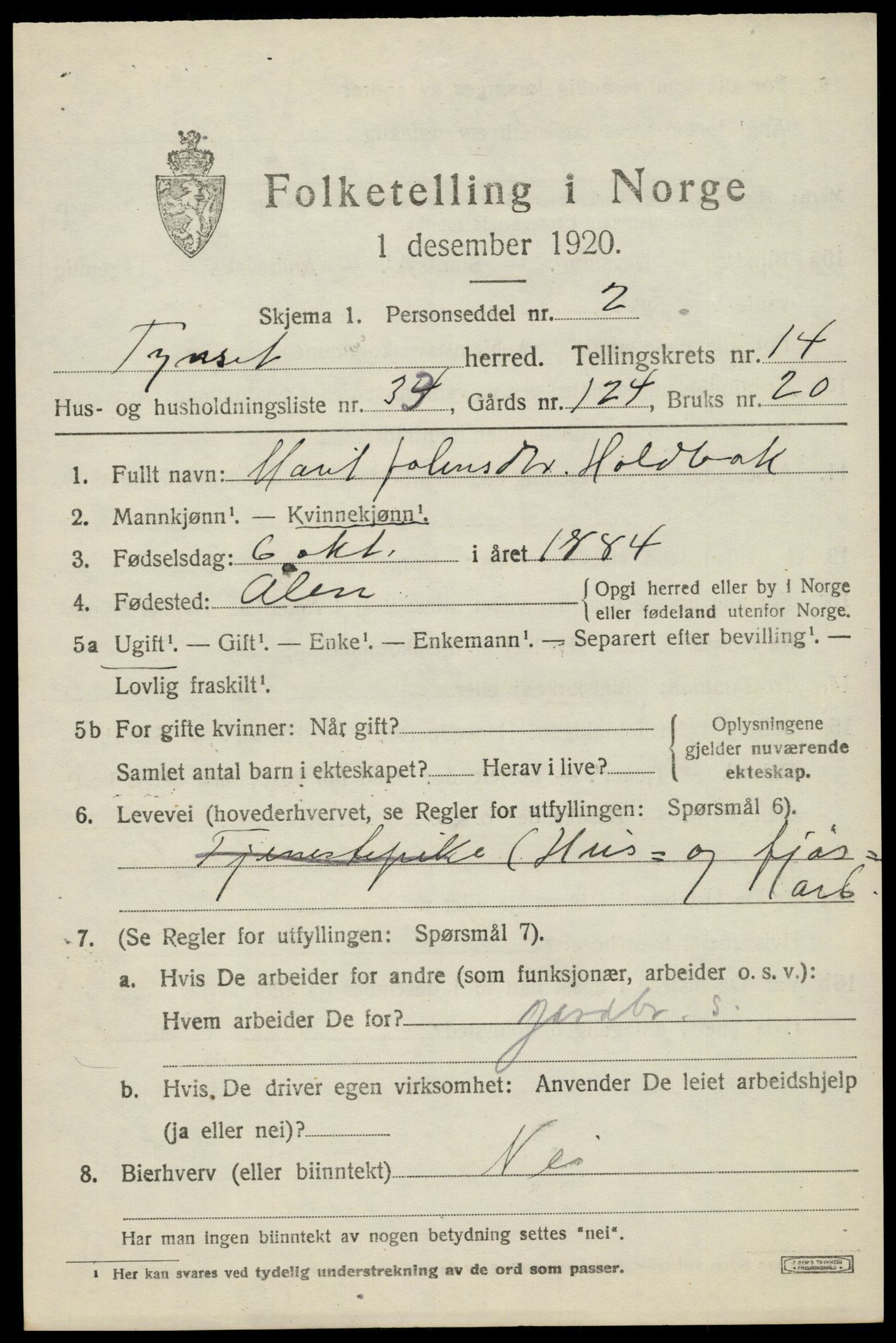 SAH, 1920 census for Tynset, 1920, p. 9200