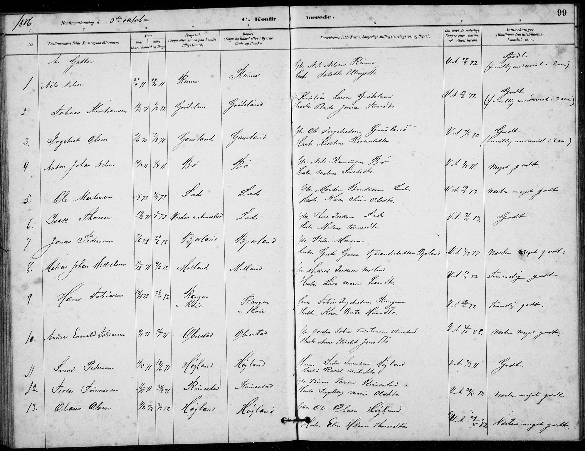 Hå sokneprestkontor, AV/SAST-A-101801/001/30BB/L0003: Parish register (copy) no. B 3, 1883-1894, p. 99