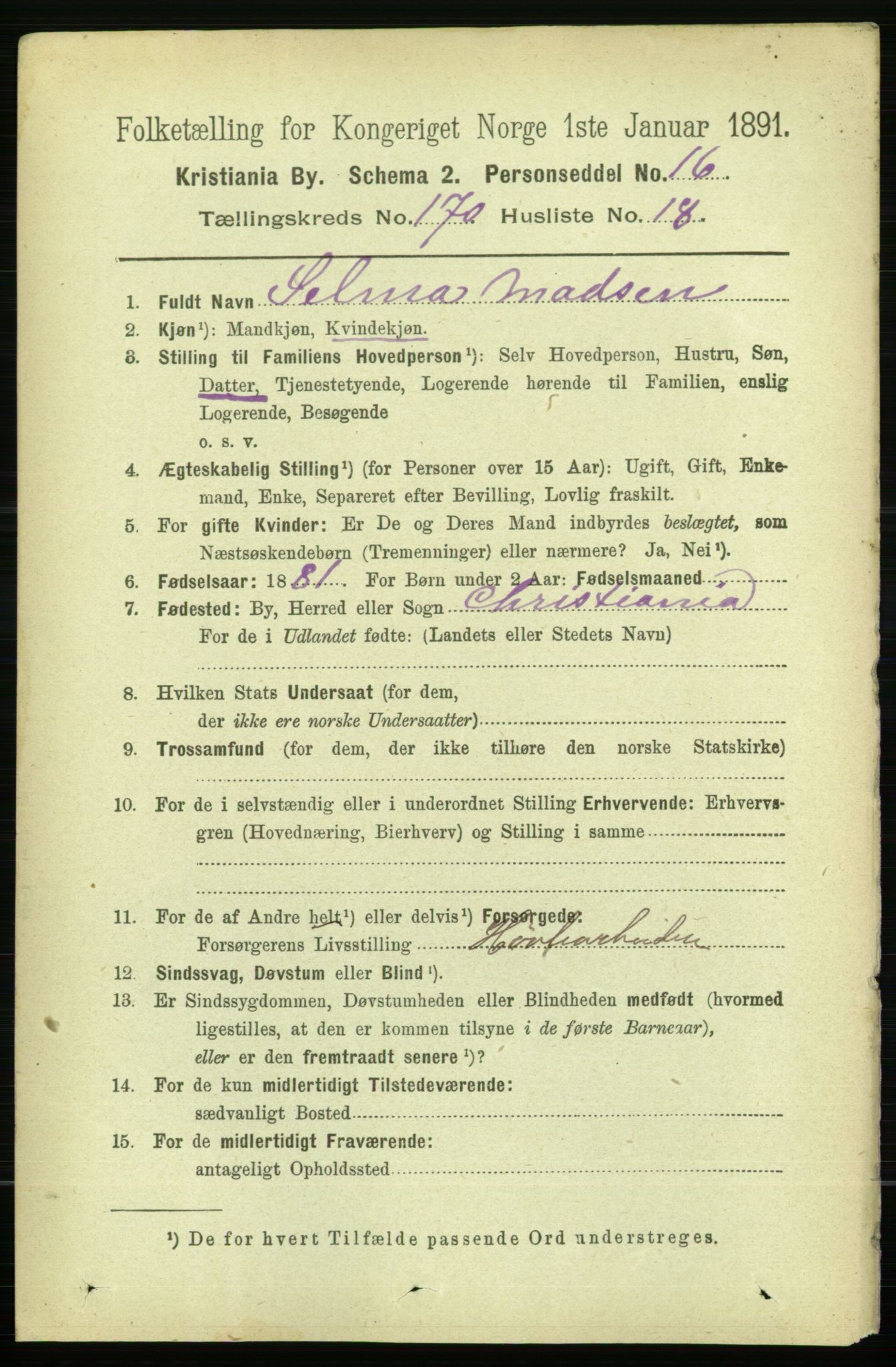 RA, 1891 census for 0301 Kristiania, 1891, p. 100300