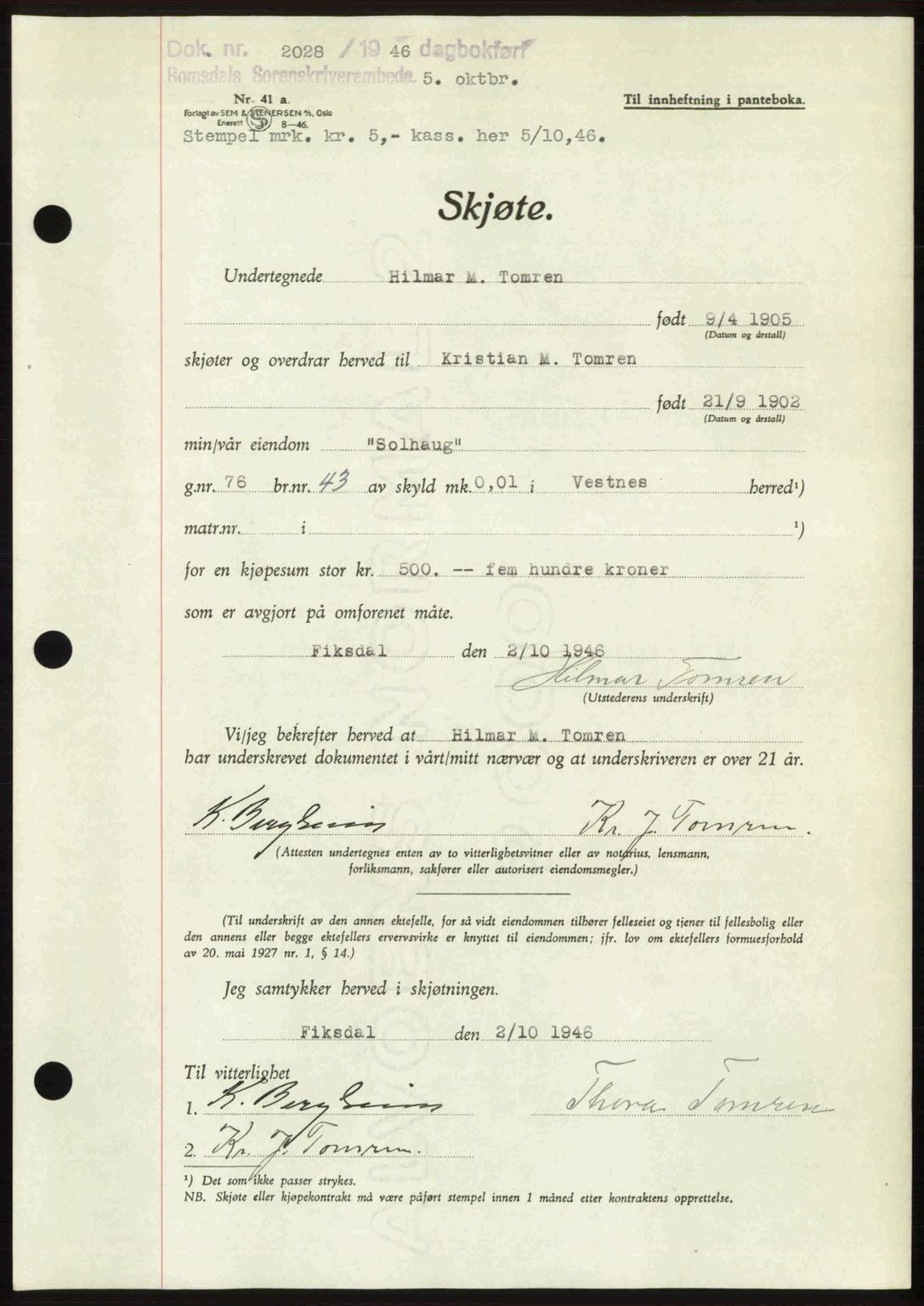 Romsdal sorenskriveri, AV/SAT-A-4149/1/2/2C: Mortgage book no. A21, 1946-1946, Diary no: : 2028/1946