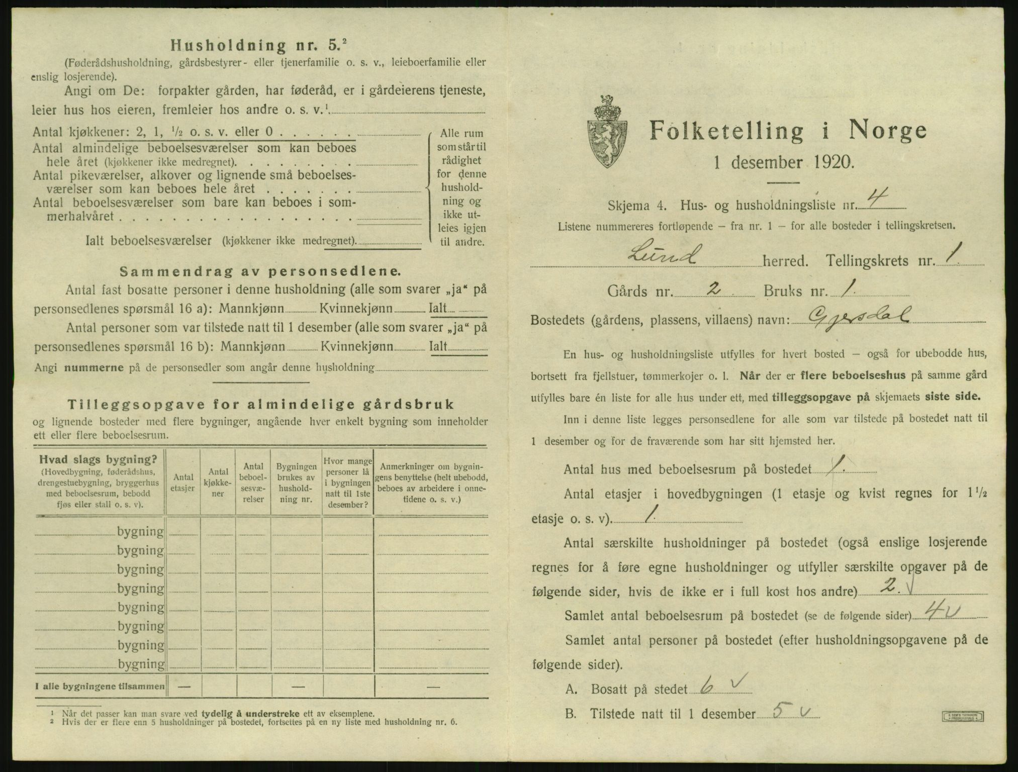 SAST, 1920 census for Lund, 1920, p. 46