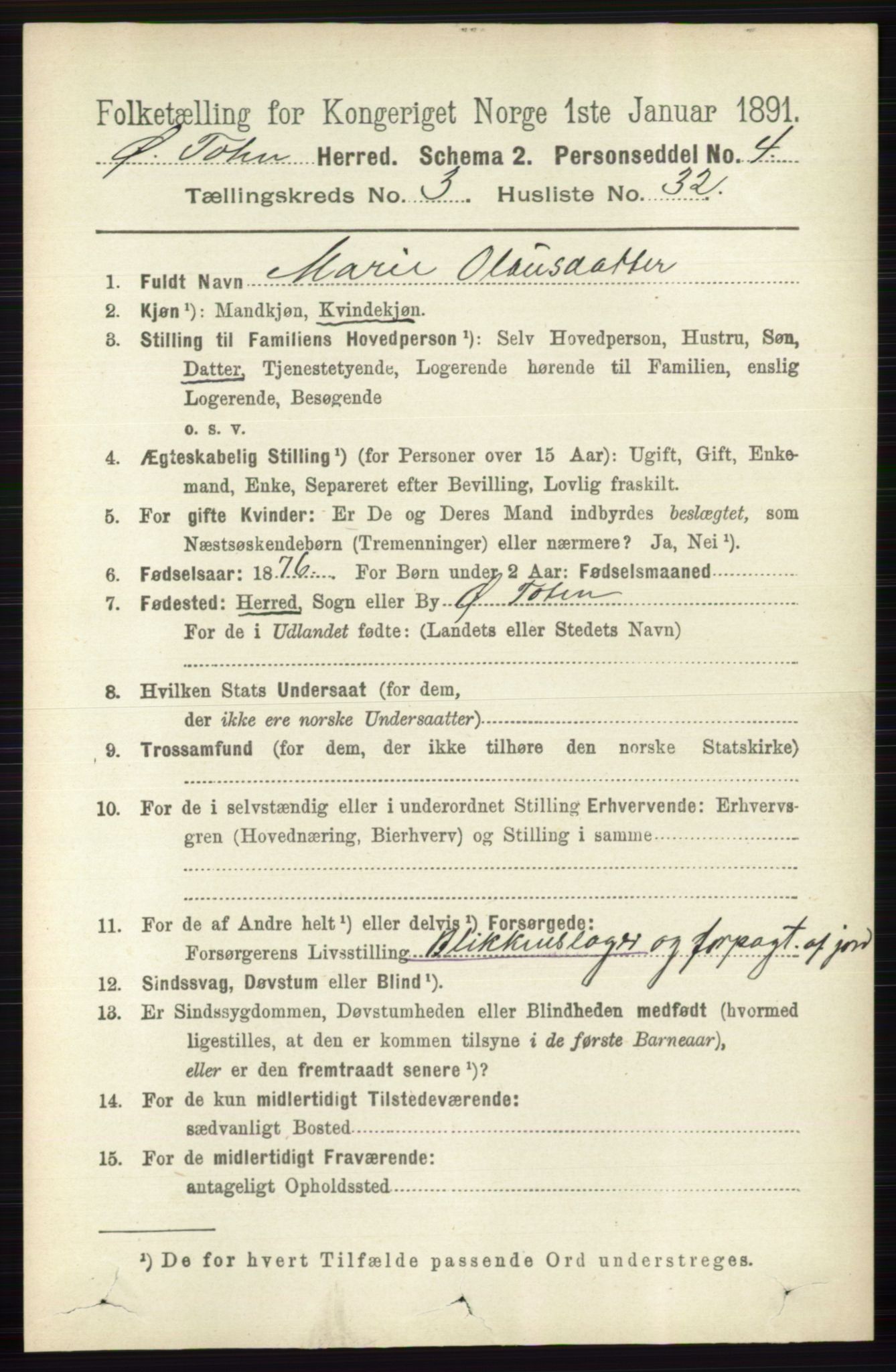 RA, 1891 census for 0528 Østre Toten, 1891, p. 1729