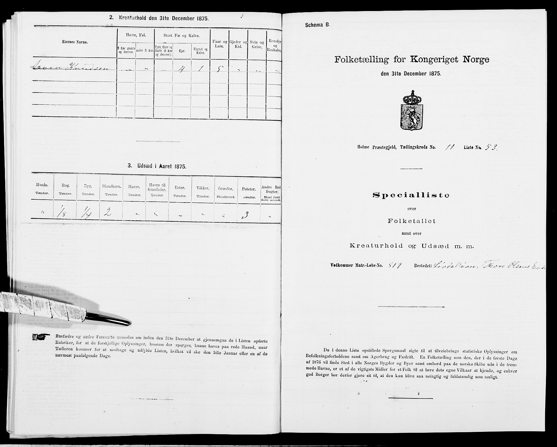 SAK, 1875 census for 1020P Holum, 1875, p. 1220