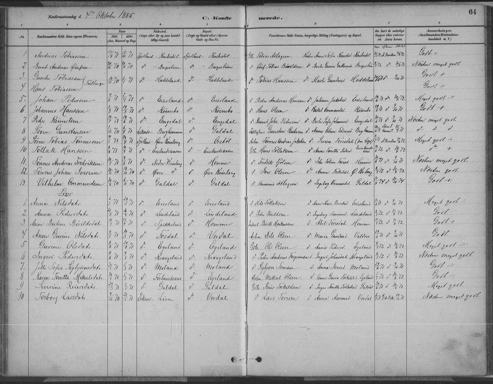 Fjotland sokneprestkontor, AV/SAK-1111-0010/F/Fa/L0002: Parish register (official) no. A 2, 1880-1898, p. 64