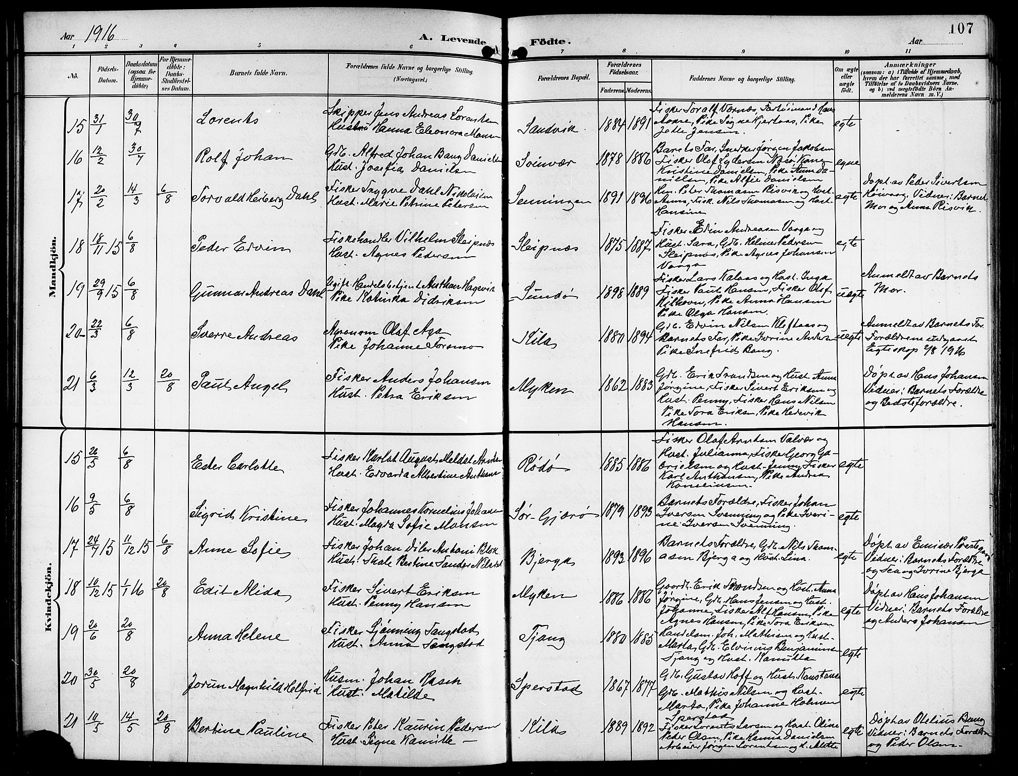 Ministerialprotokoller, klokkerbøker og fødselsregistre - Nordland, AV/SAT-A-1459/841/L0621: Parish register (copy) no. 841C05, 1897-1923, p. 107