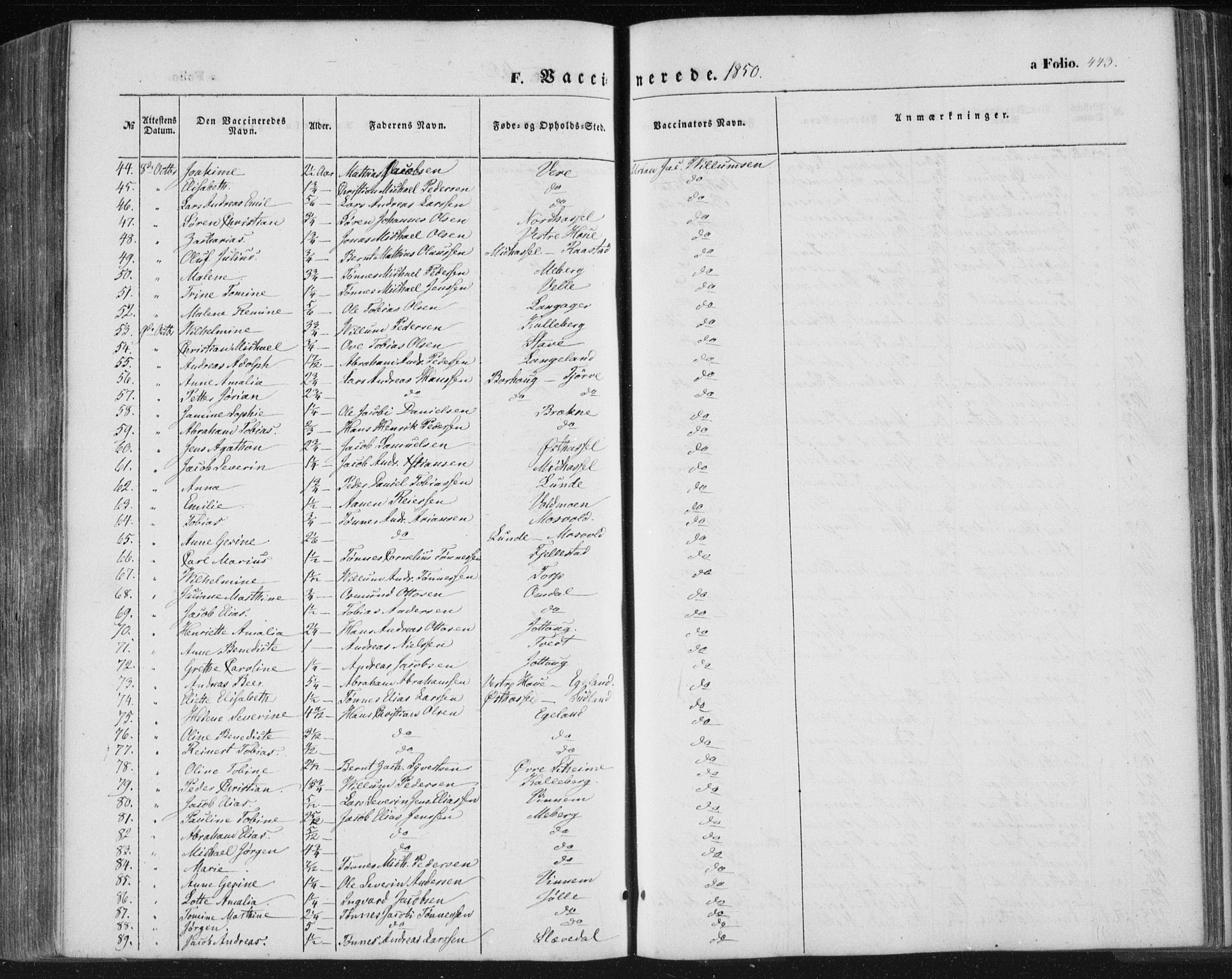 Lista sokneprestkontor, SAK/1111-0027/F/Fa/L0010: Parish register (official) no. A 10, 1846-1861, p. 443