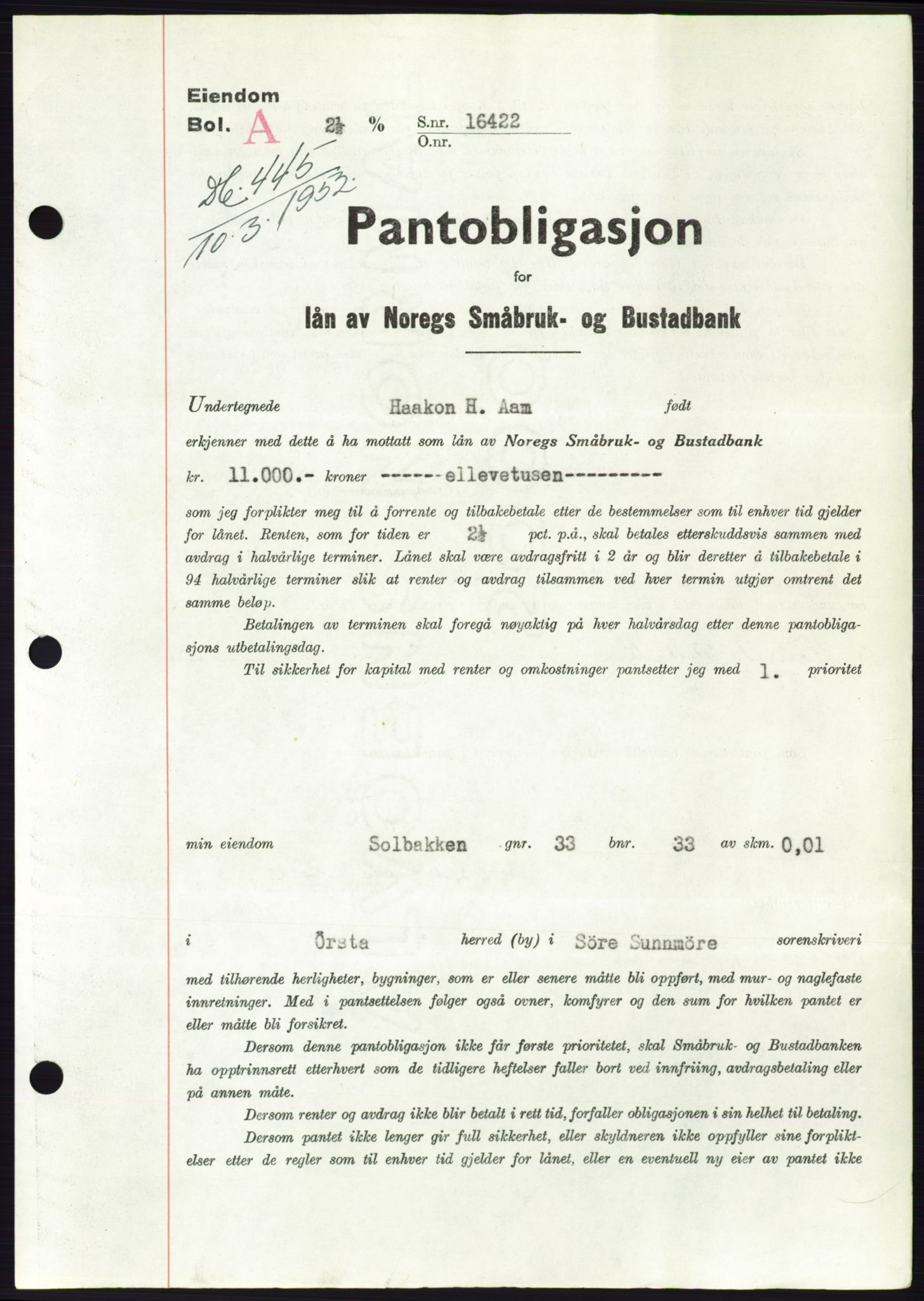 Søre Sunnmøre sorenskriveri, AV/SAT-A-4122/1/2/2C/L0121: Mortgage book no. 9B, 1951-1952, Diary no: : 445/1952